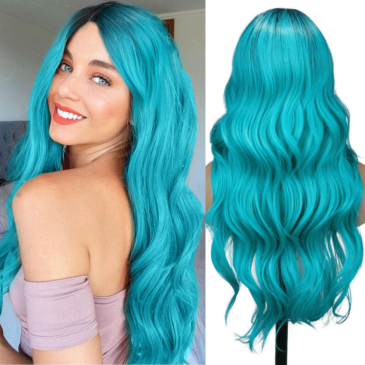Stylish Ombre Synthetic Wig - Bluish Light Blue & Dark Roots, Long Curly Wavy Hair for Women | Perfect for Daily Wear, Parties & Cosplay | Heat Resistant & Natural Look