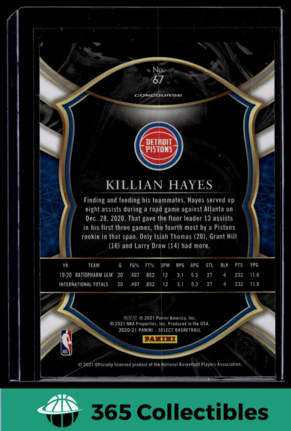 2020-21 Panini Select Killian Hayes #67 Basketball Card - Detroit Pistons Rookie - Collectible Trading Card for NBA Fans & Sports Memorabilia Enthusiasts