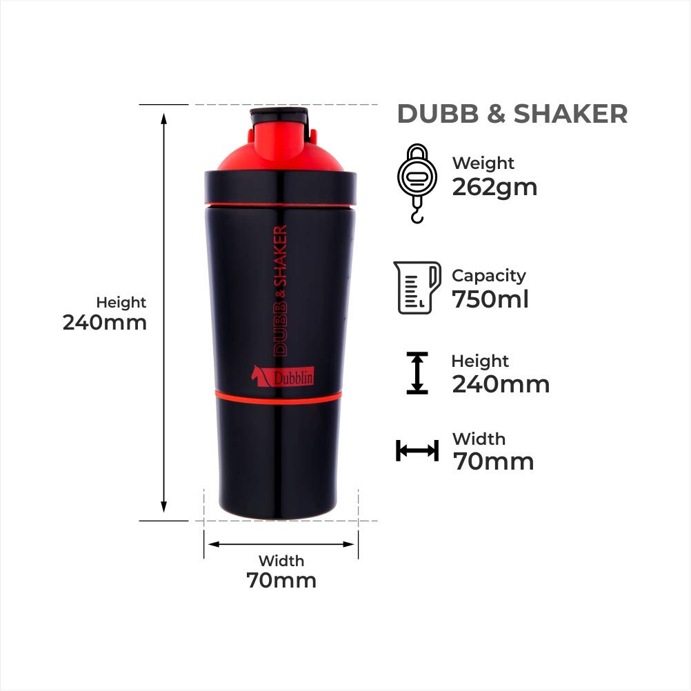 DUBBLIN Dubb & Shaker Gym Shaker Bottle - 750ml BPA-Free Stainless Steel Protein Shaker with Spring Ball & Detachable Glass Lid - Perfect for Workouts, Protein Mixing & On-the-Go Hydration
