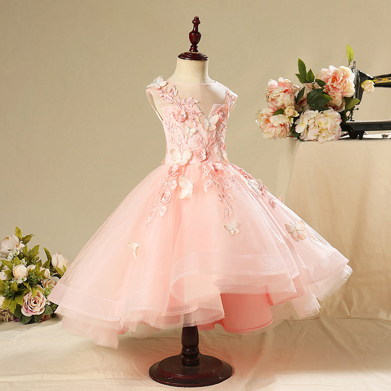 Elegant Pink A-Line Floor-Length Flower Girl Dress with Delicate Lace & Floral Appliques - Perfect for Weddings, Baptisms & Special Occasions