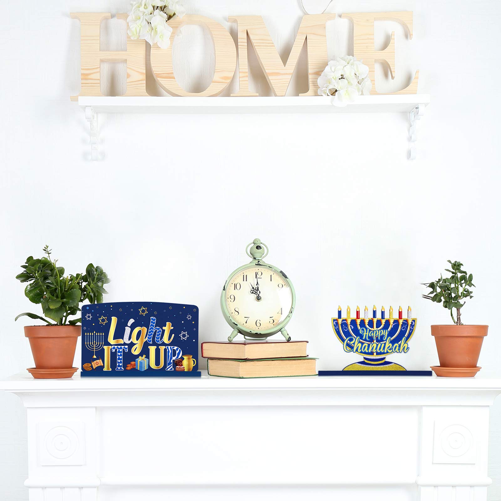 Wooden Menorah Sign & Dreidel Hanukkah Table Centerpiece - 3-Piece Set for Winter Snow Day, Chanukkah Party, Dinner & Coffee Tier Tray Decorations - Perfect for Holiday Home Decor & Jewish Festival Celebrations