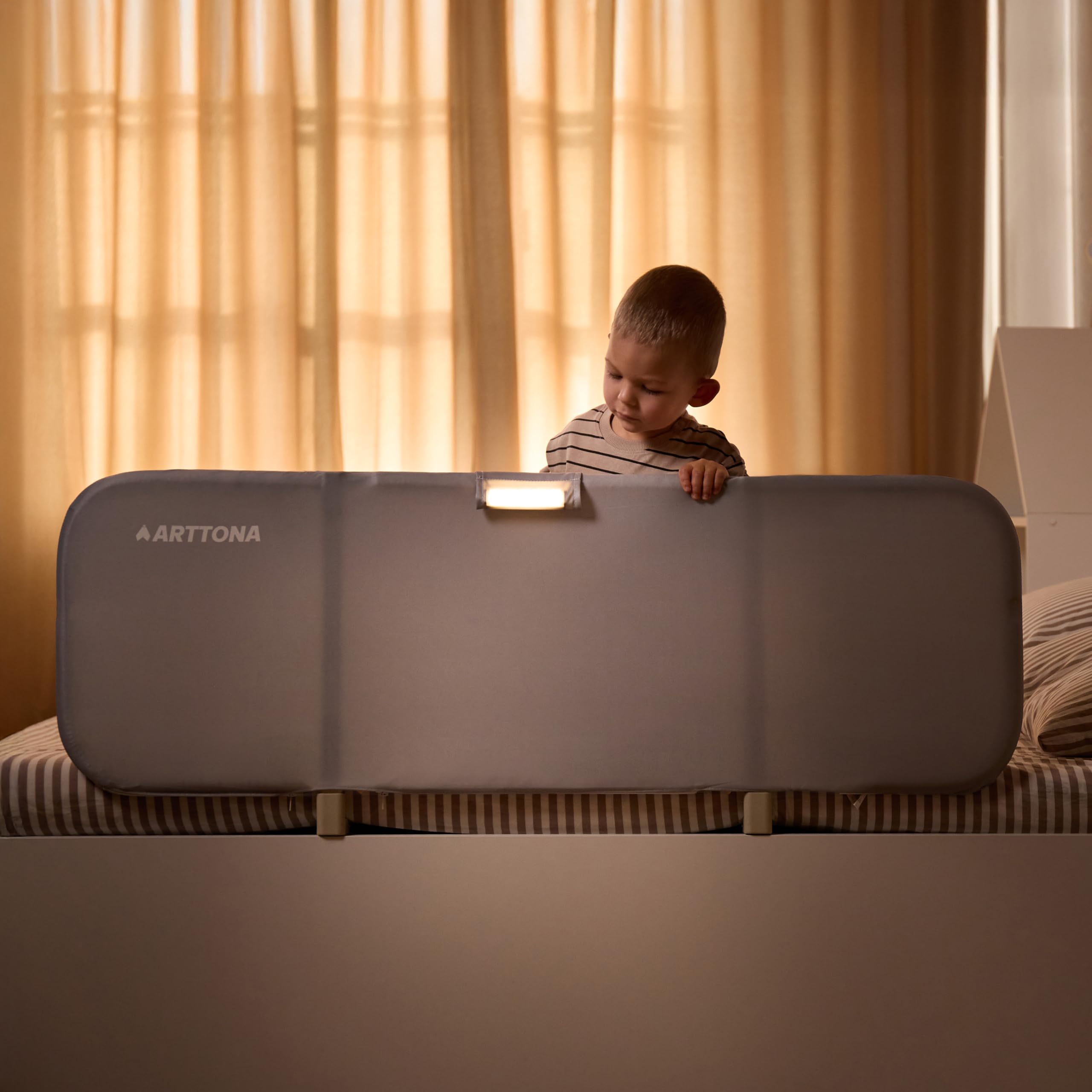 Foldable Toddler Bed Rail with Night Light - 48 Inch Portable Bed Guard for Baby & Kids - Fits Full, Queen & Twin Size Beds - Safe Bedside Fence for Toddler Transition & Travel Use