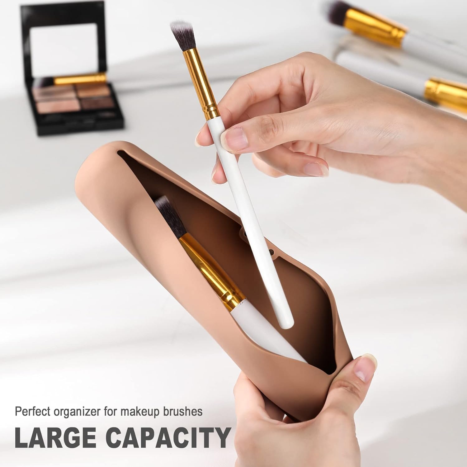 Golden Bird Silicone Makeup Brush Holder - Compact Travel Case for Foundation Brushes, Portable Cosmetic Organizer (Brushes Not Included) - Brown Small Size | Perfect for Travel, Home Vanity & Professional Makeup Artists
