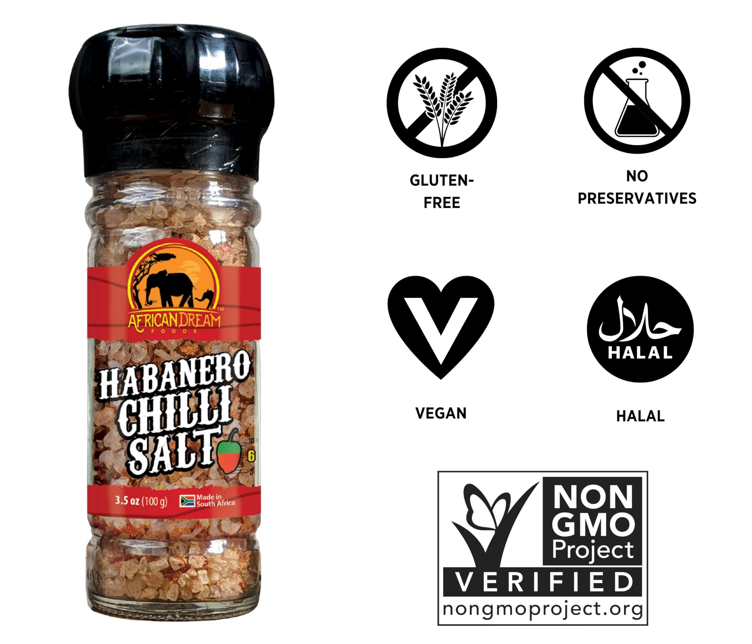 African Dream Foods Habanero Spicy Salt Seasoning - Natural African Habaneros & Sea Salt Blend - Perfect for Grilling Meat, Chicken, Seafood - Reusable Grinder, 3.5 oz (2-Pack) - Great for BBQ, Cooking & Spicy Food Lovers