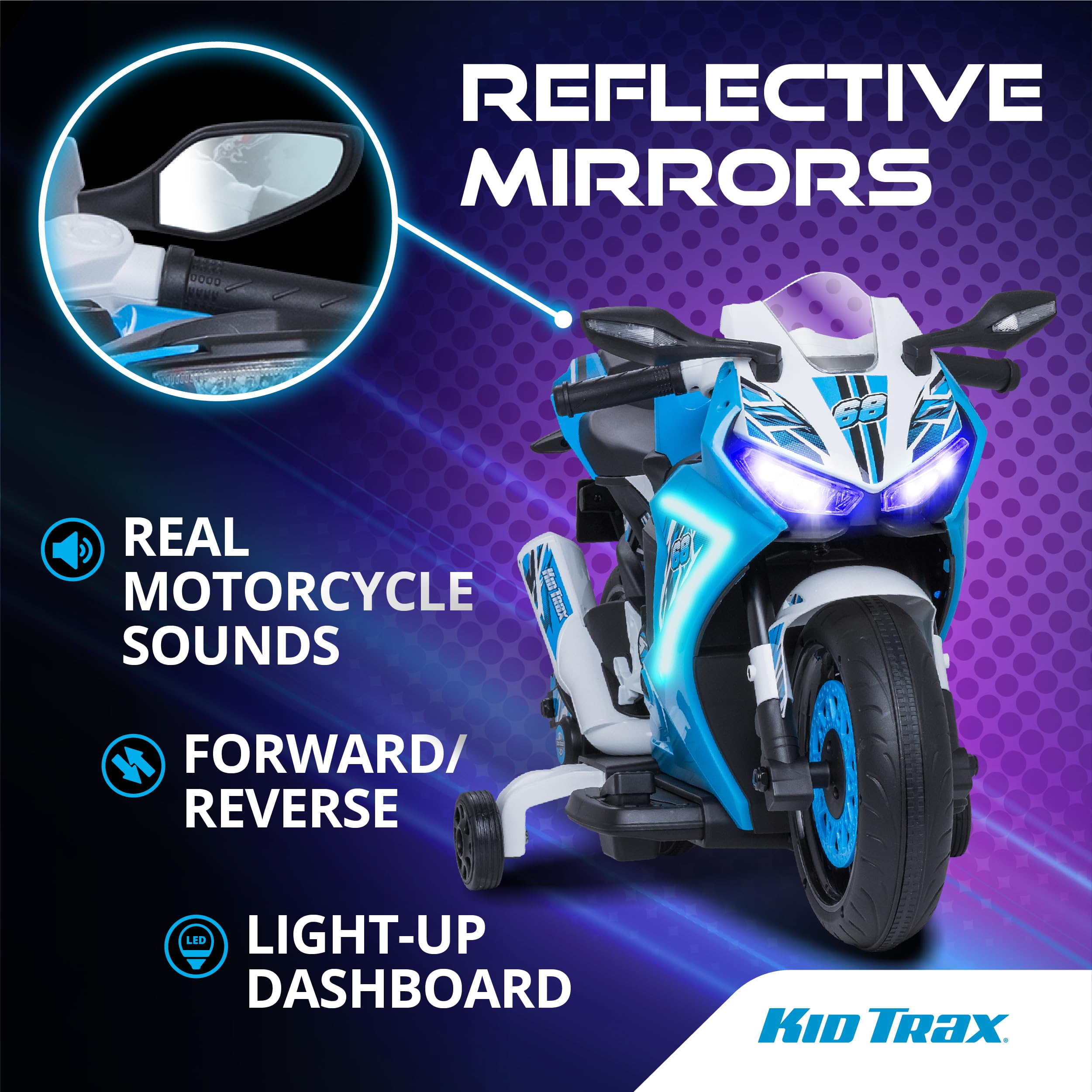 Kid Trax 6V Glow Electric Motorcycle for Toddlers - LED Lights & Sounds, Indoor/Outdoor Ride-On Toy for Ages 3-6 (Blue) - Perfect for Backyard & Playroom Fun