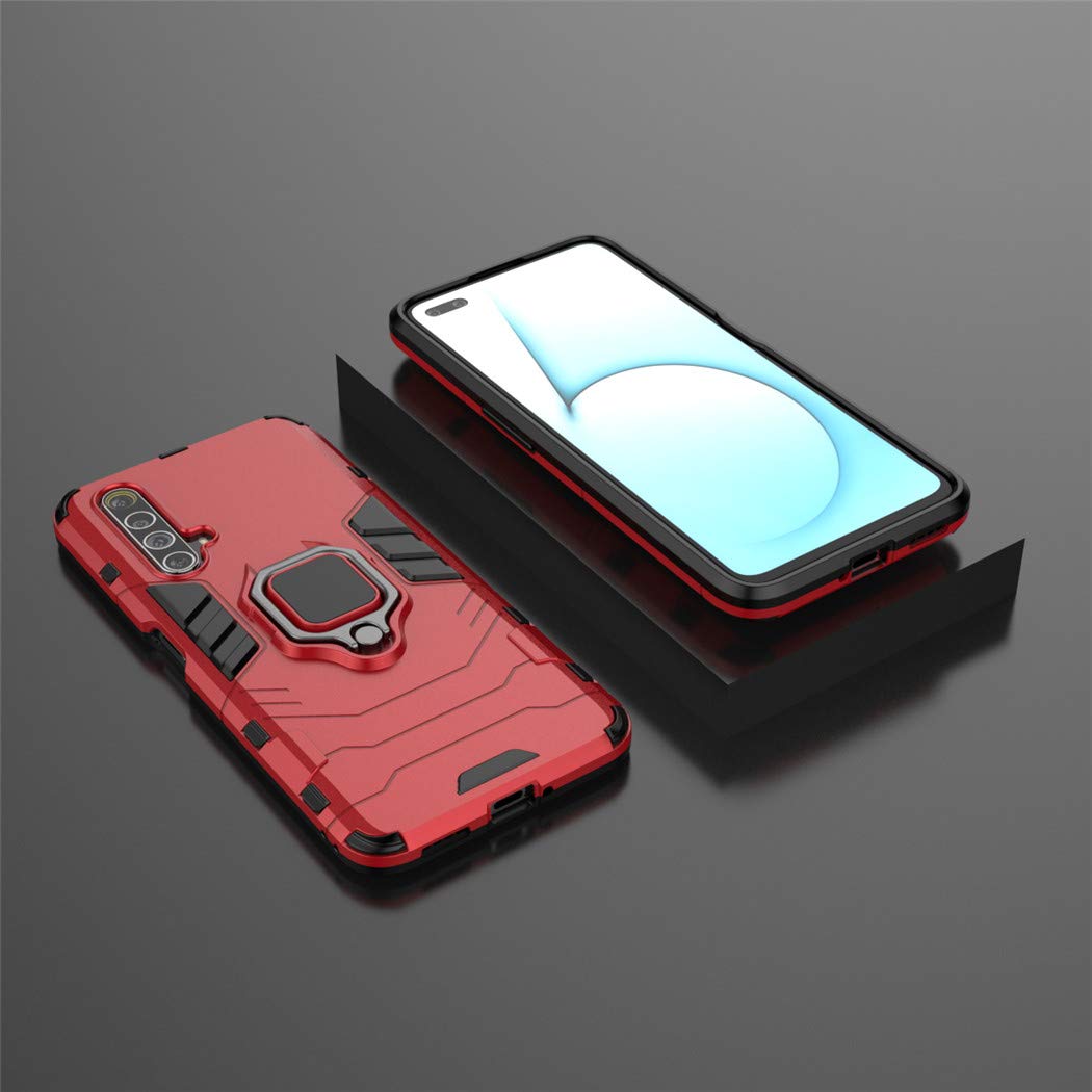 Shockproof Hard Bumper Case for Oppo Realme X50 5G with Metal Ring Grip & Kickstand - Magnetic Car Mount Compatible, Dual Layer Rugged Protective Cover (Red) - Perfect for Outdoor Activities, Travel and Daily Use