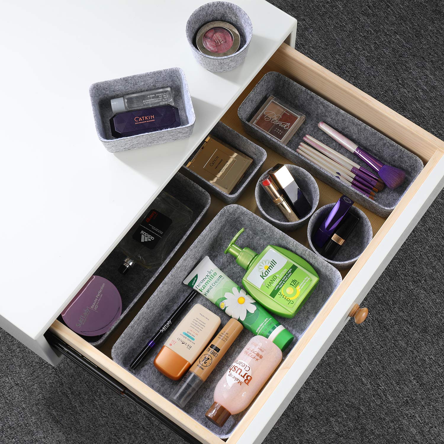 Welaxy 8-Piece Gray Felt Desk Drawer Organizer Trays - Shallow Dividers for Office Supplies, Jewelry, Watches - Multi-Purpose Storage Solution for Home & Office Organization