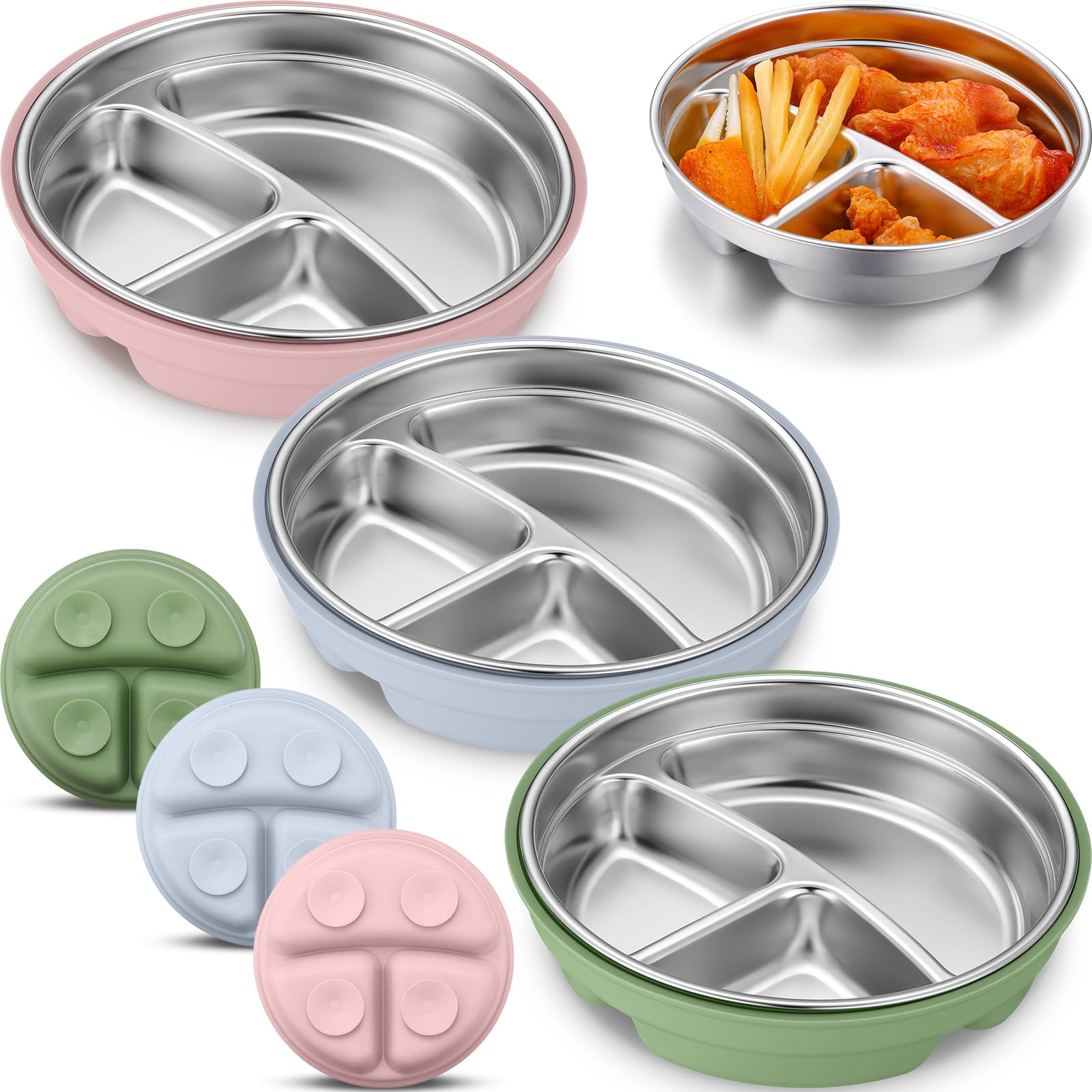 Nuogo 3-Pack Stainless Steel Baby Suction Plates with Removable Silicone Shell - 2-in-1 Divided Toddler Bowls for Picky Eaters | Dishwasher Safe | Perfect for Baby-Led Weaning, Travel & Mess-Free Feeding (Blue, Pink, Green)