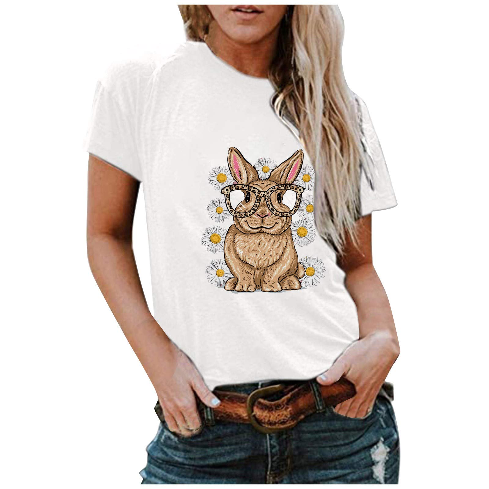 Women's Short Sleeve Bunny Print Blouse - Loose Fit Casual T-Shirt for Spring & Fall - Perfect for Easter, Daily Wear and Weekend Outfits