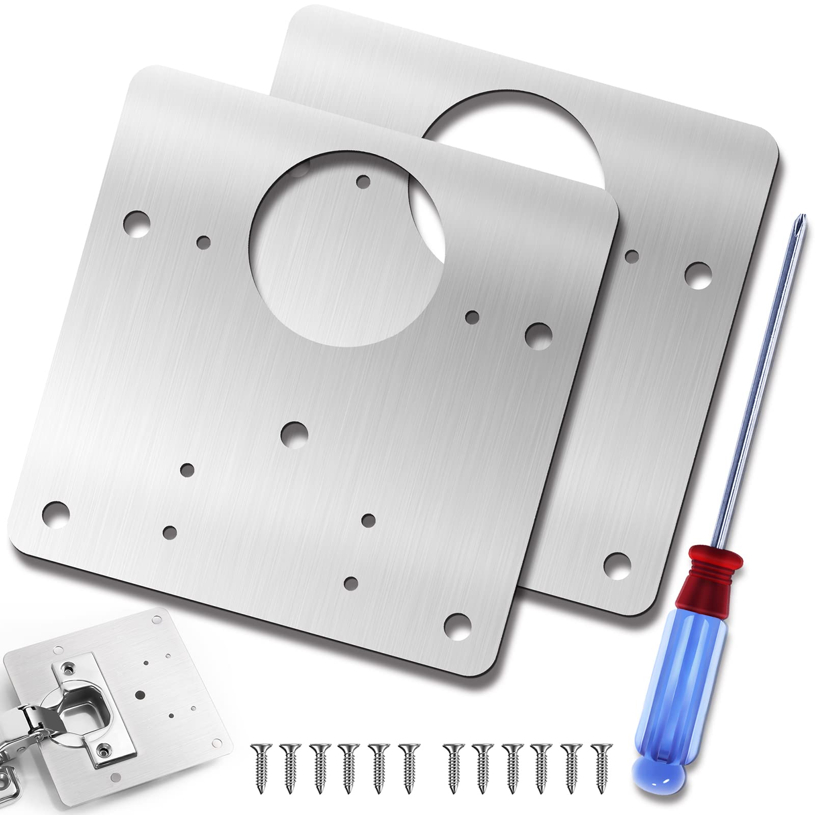 MARLUAN Hinge Repair Plate Kit - 2Pcs Stainless Steel Cabinet Hinge Repair Brackets with Mounting Screws & Screwdriver - Fix Loose Cabinet Doors, Furniture, Shelves & More - Perfect for Home, Office & DIY Projects