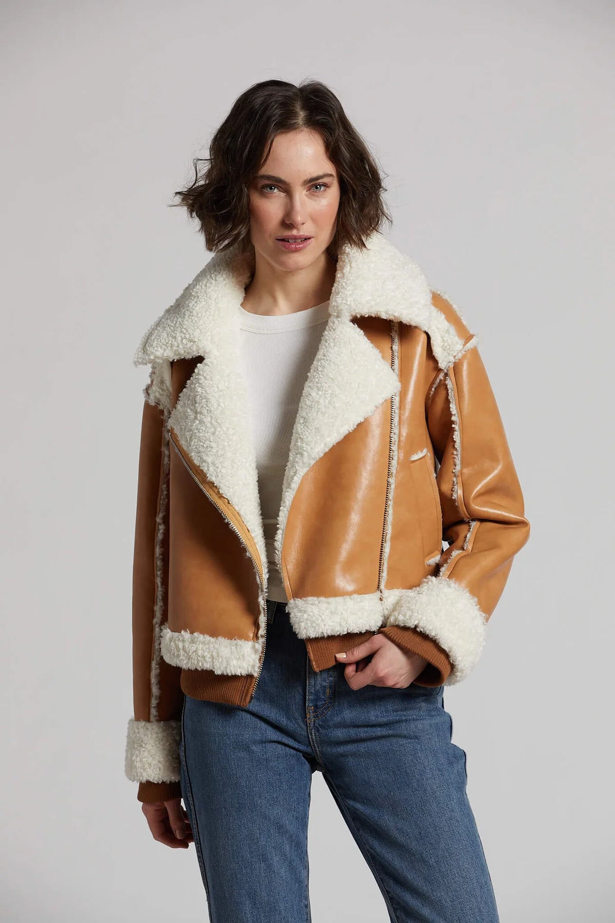 Stylish Clayton Faux Shearling Moto Jacket in Camel Color - Perfect for Winter Fashion & Motorcycle Riding