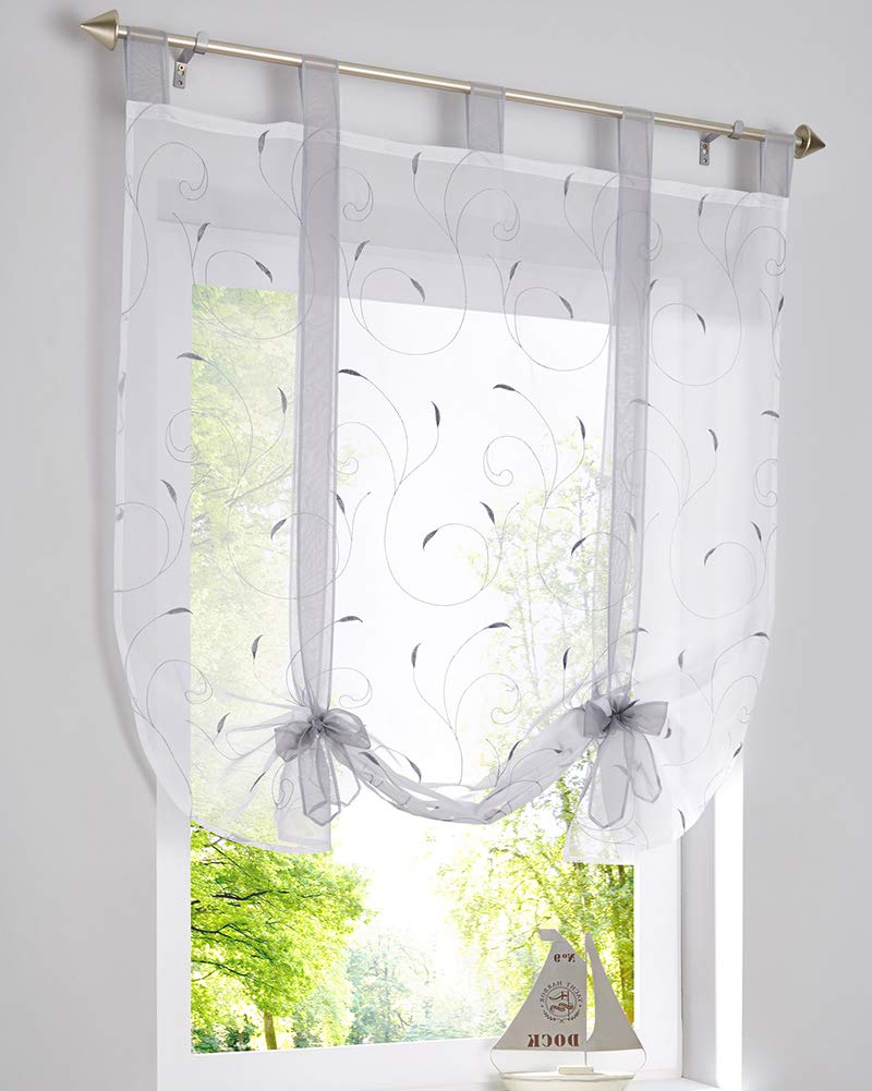 VCTOPS Floral Embroidered Silver Grey Sheer Roman Tie-Up Curtains - 39