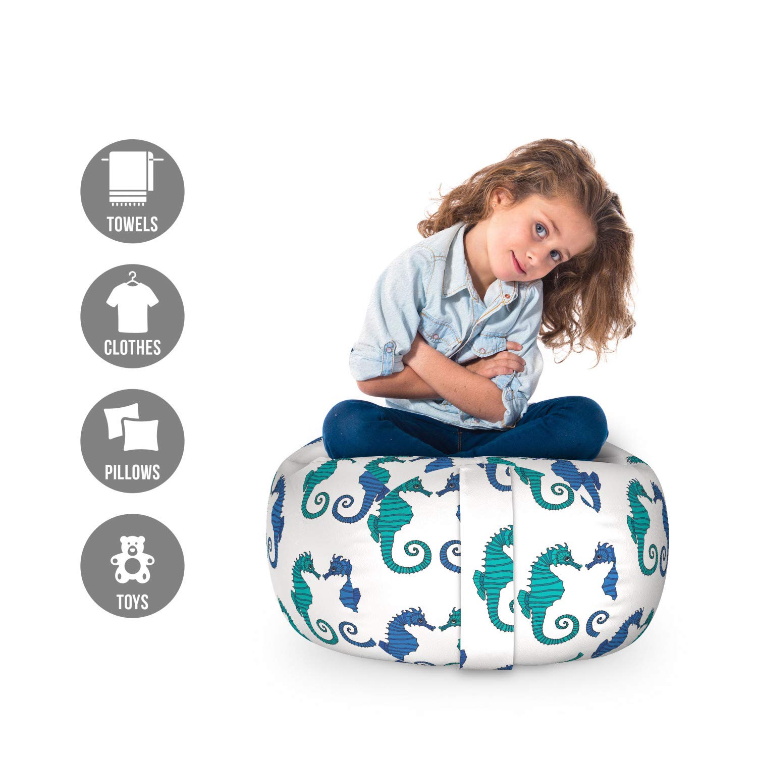 Ambesonne Seahorse Storage Toy Bag Chair - Washable Stuffed Animal Organizer with Nautical Creature Design, Small Size in Sea Blue & Dark Violet - Perfect for Kids' Room, Nursery, and Playroom Storage