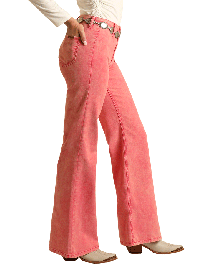 Rock & Roll Denim BW8PD03586 Women's High Rise Distressed Flare Jeans in Pink - Perfect for Casual Outings, Concerts & Vintage Style Looks