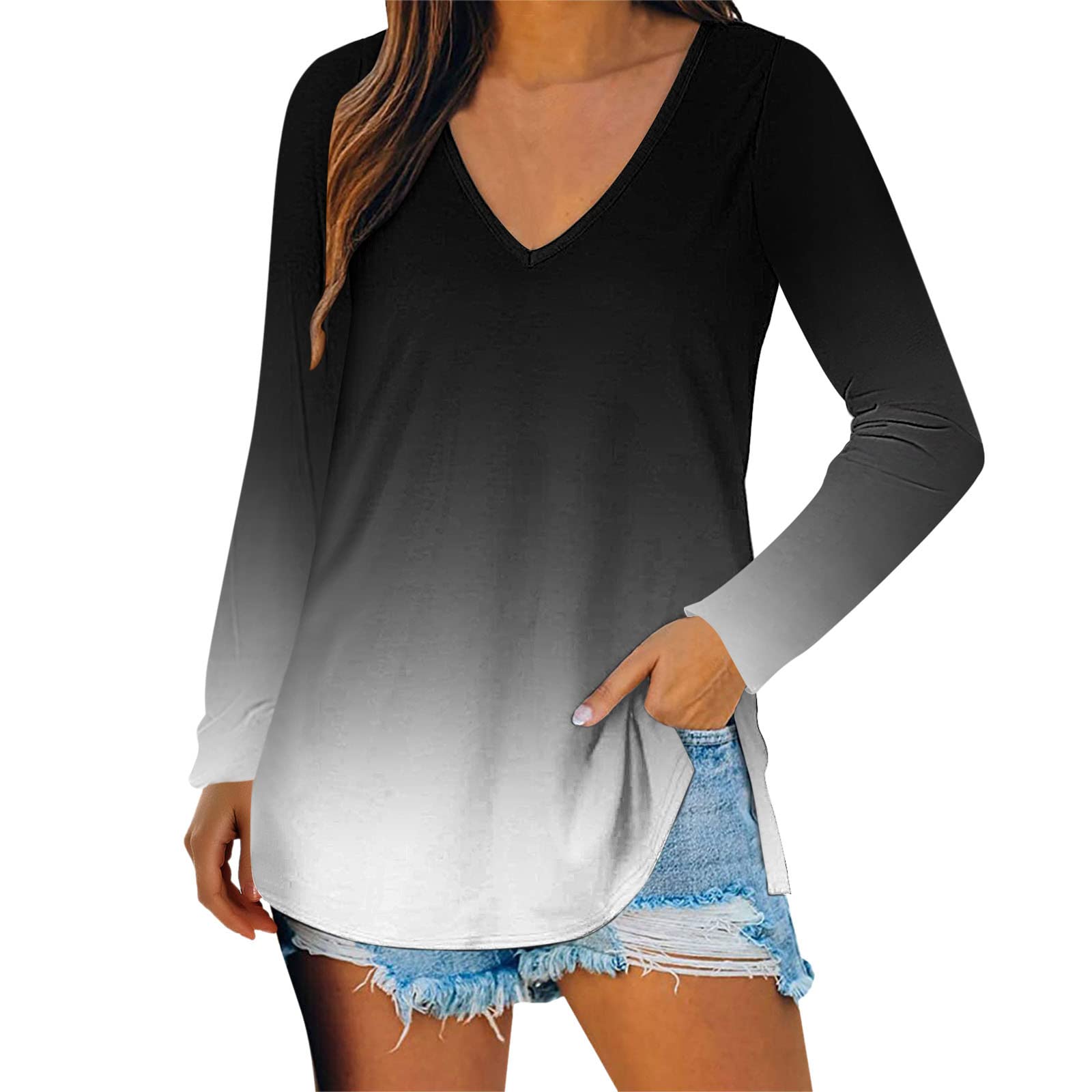 Huarll Women's Long Sleeve T-Shirts - Casual Tie Dye Gradient Print V-Neck Tops for Everyday Wear, Work & Outfits