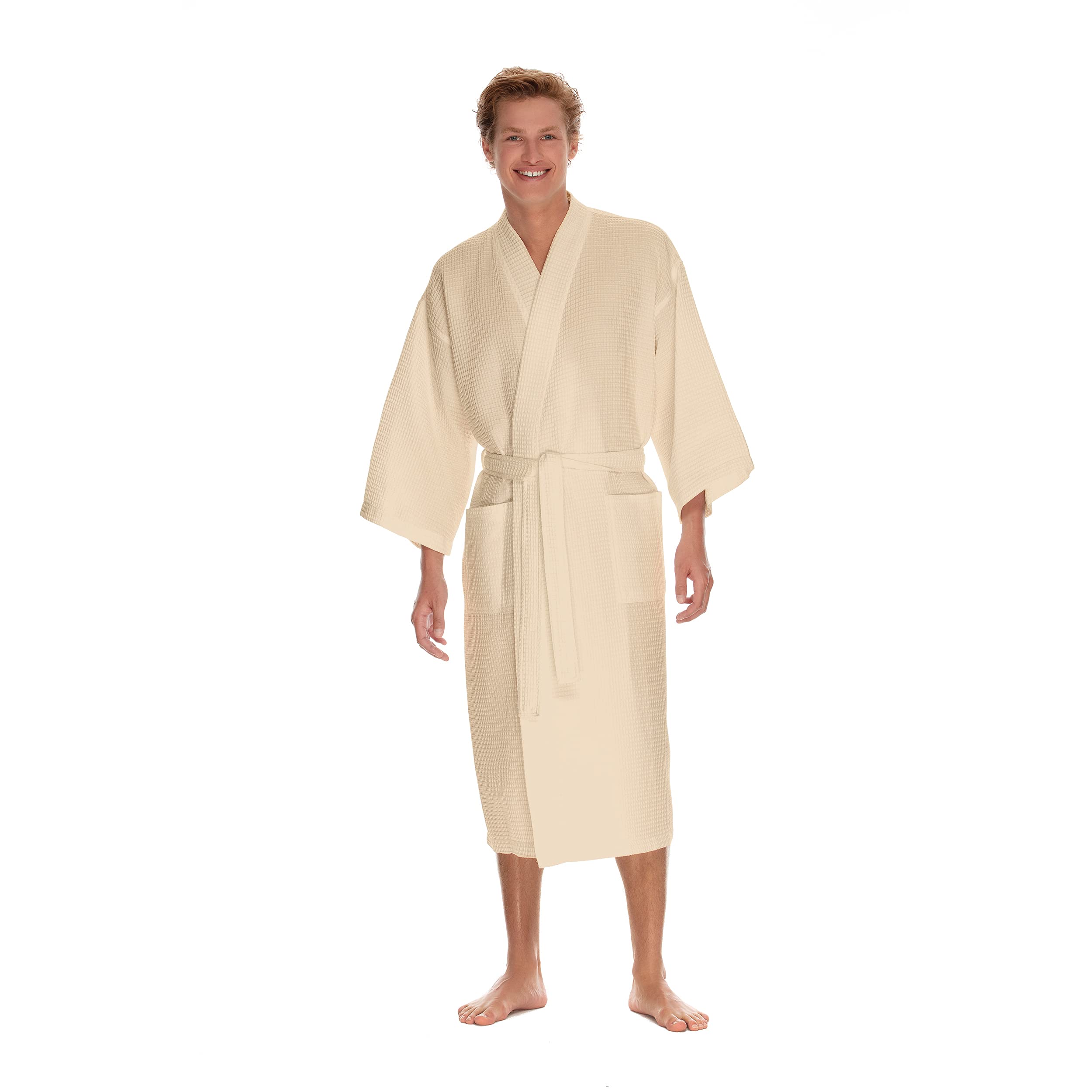 BOCA TERRY Men's Waffle Knit Robe - Lightweight Cotton Kimono Spa Bathrobe for Hotel & Home Use - Long Sleeve Relaxing Loungewear for After Shower, Massage & Self-Care Moments