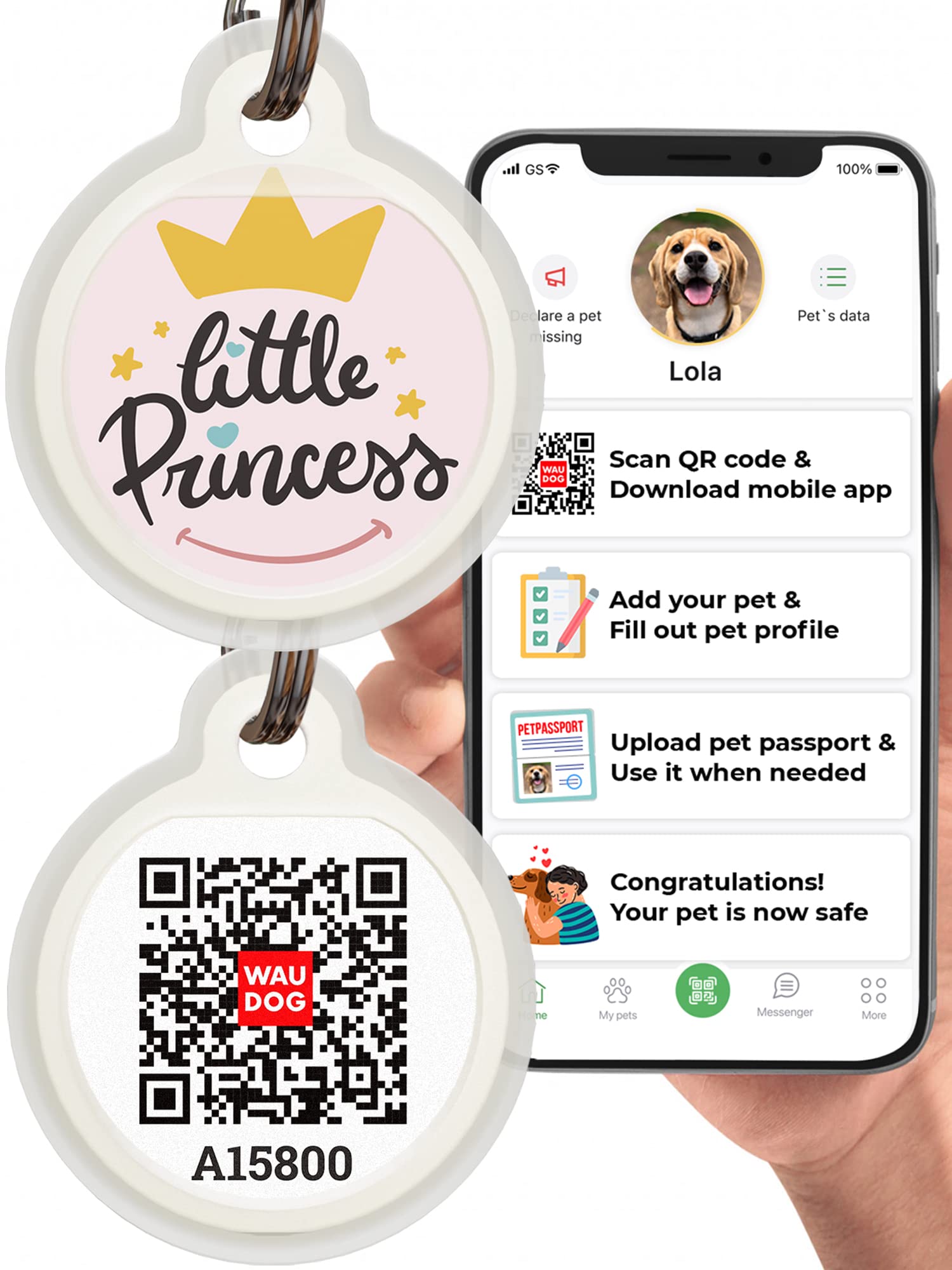 QR Code Pet ID Tags for Dogs & Cats - Silent Silicone Dog & Cat Name Tags with Custom Engraving - Durable Pet Collar ID Tags for Puppies & Kittens - Perfect for Outdoor Adventures, Travel & Daily Walks (Princess-L)