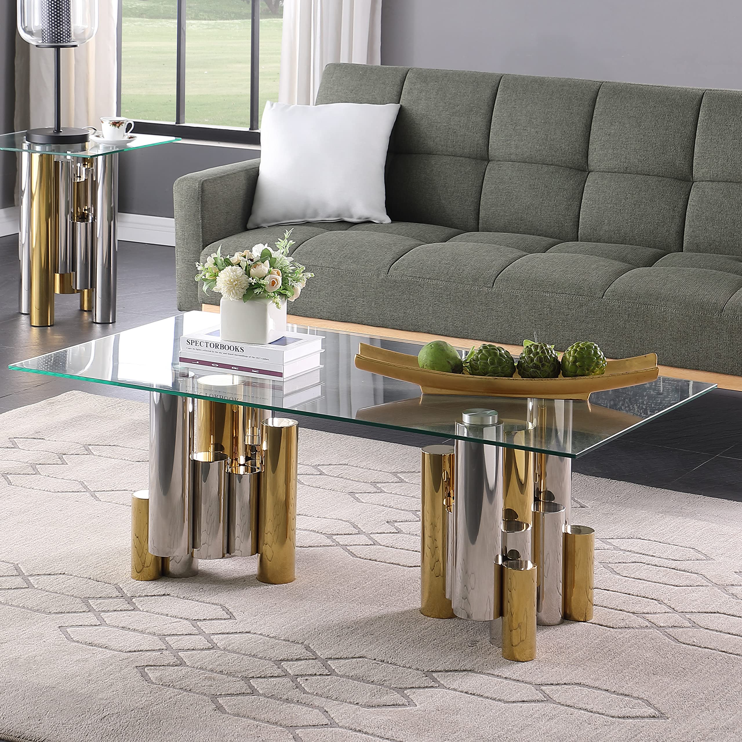 Luxury Clear Glass Coffee Table with Gold/Silver Irregular Stainless Steel Base - Modern Rectangular Living Room Center Table for Home & Office - Perfect for Cocktail Parties, Lounge Decor & Contemporary Interior Design