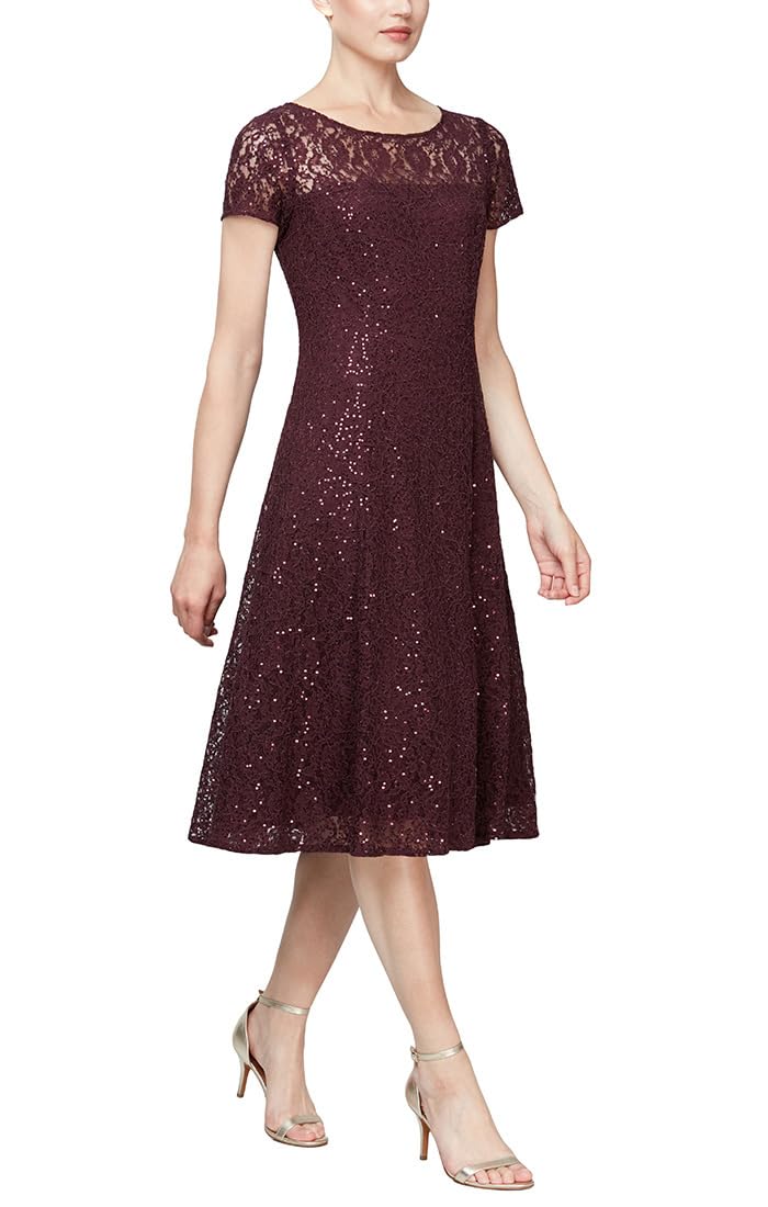 Elegant S.L. Fashions Women's Short Sleeve Sequin & Lace Tea-Length Wedding Dress for Mother of The Bride - Petite & Regular Sizes - Perfect for Weddings, Formal Events & Special Occasions