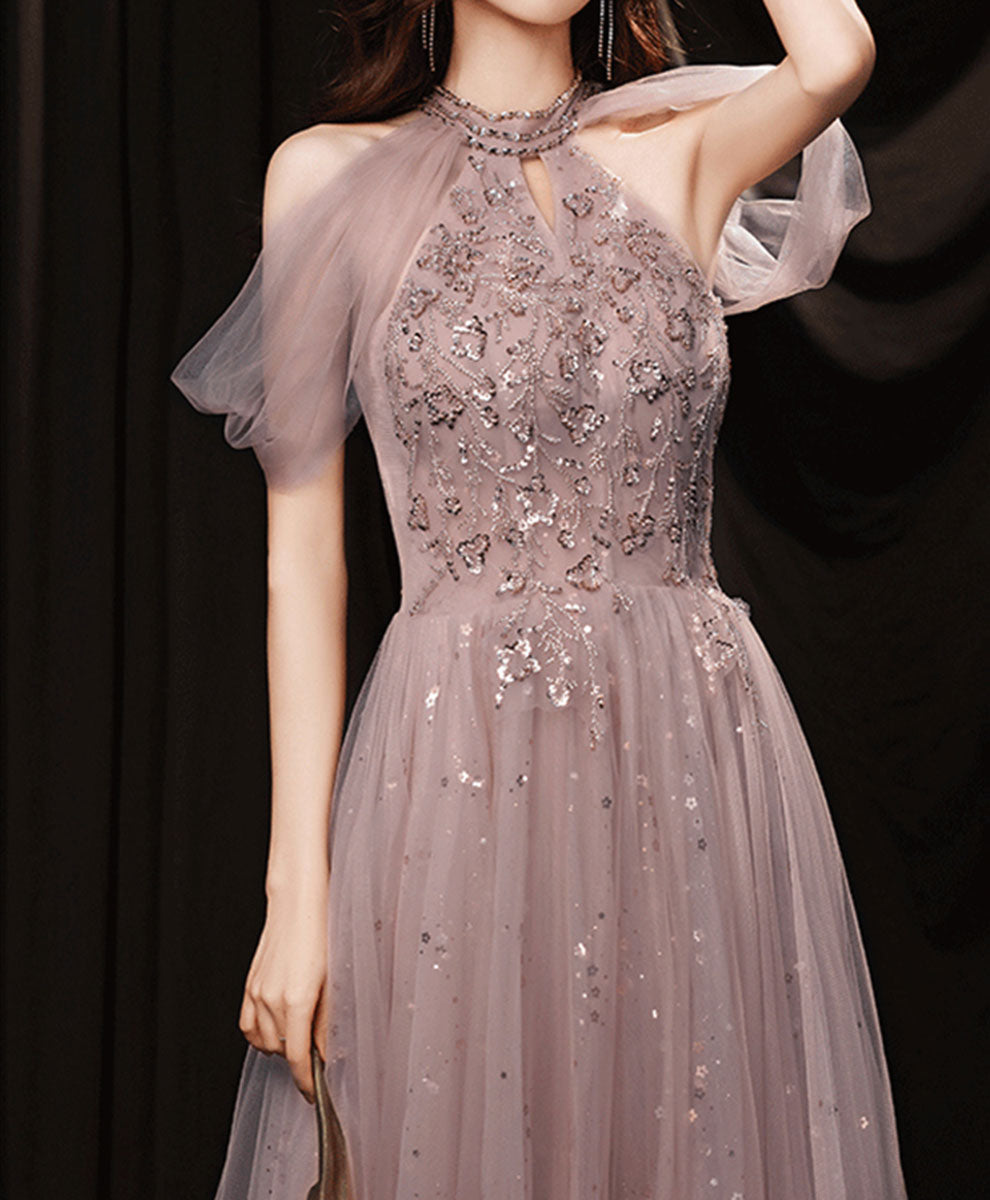 Elegant Pink Tulle Lace Sequin A-Line Long Prom Dress for Formal Graduation & Special Occasions | Perfect for Homecoming, Quinceañera & Evening Gala Events