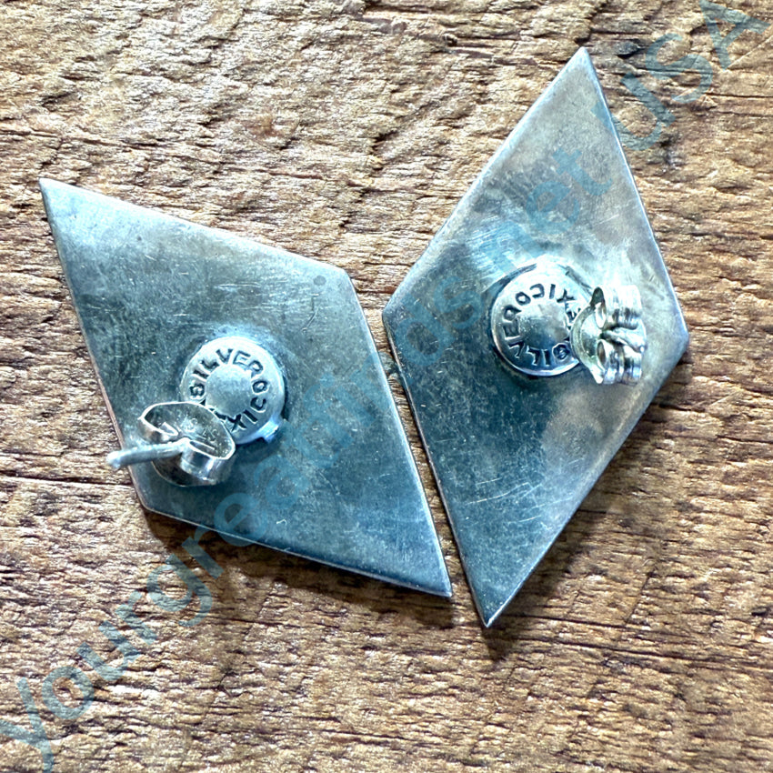 Vintage Diamond Shaped Sterling Silver Pierced Post Earrings - Handmade Mexican Jewelry for Women - Perfect for Weddings, Parties & Special Occasions