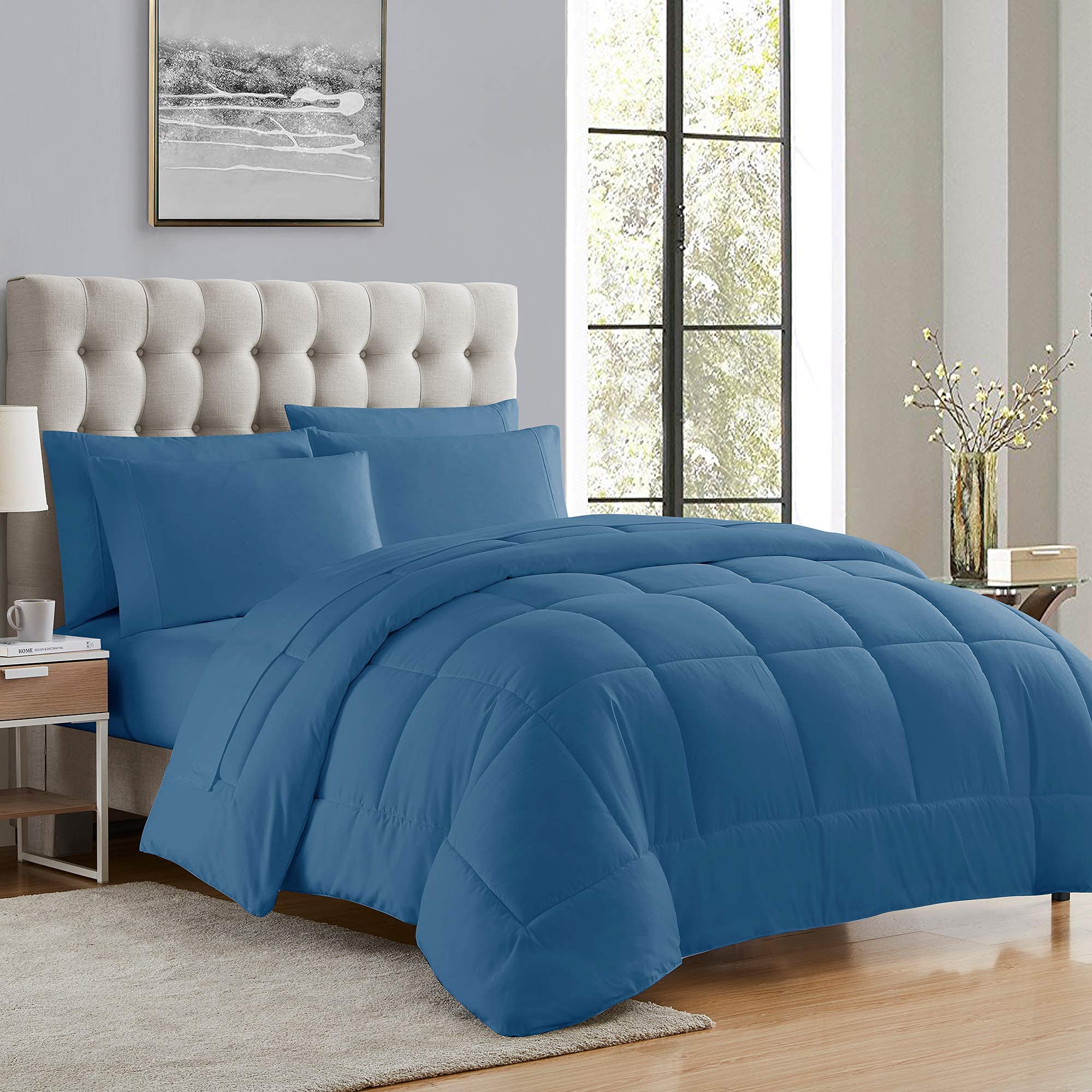 3 Piece Down Alternative Comforter Set - Full Size 82x86 Inches - All Season Warmth - Luxurious Cotton Bedding - Denim Blue - Perfect for Bedroom, Guest Room & Dorm Decor