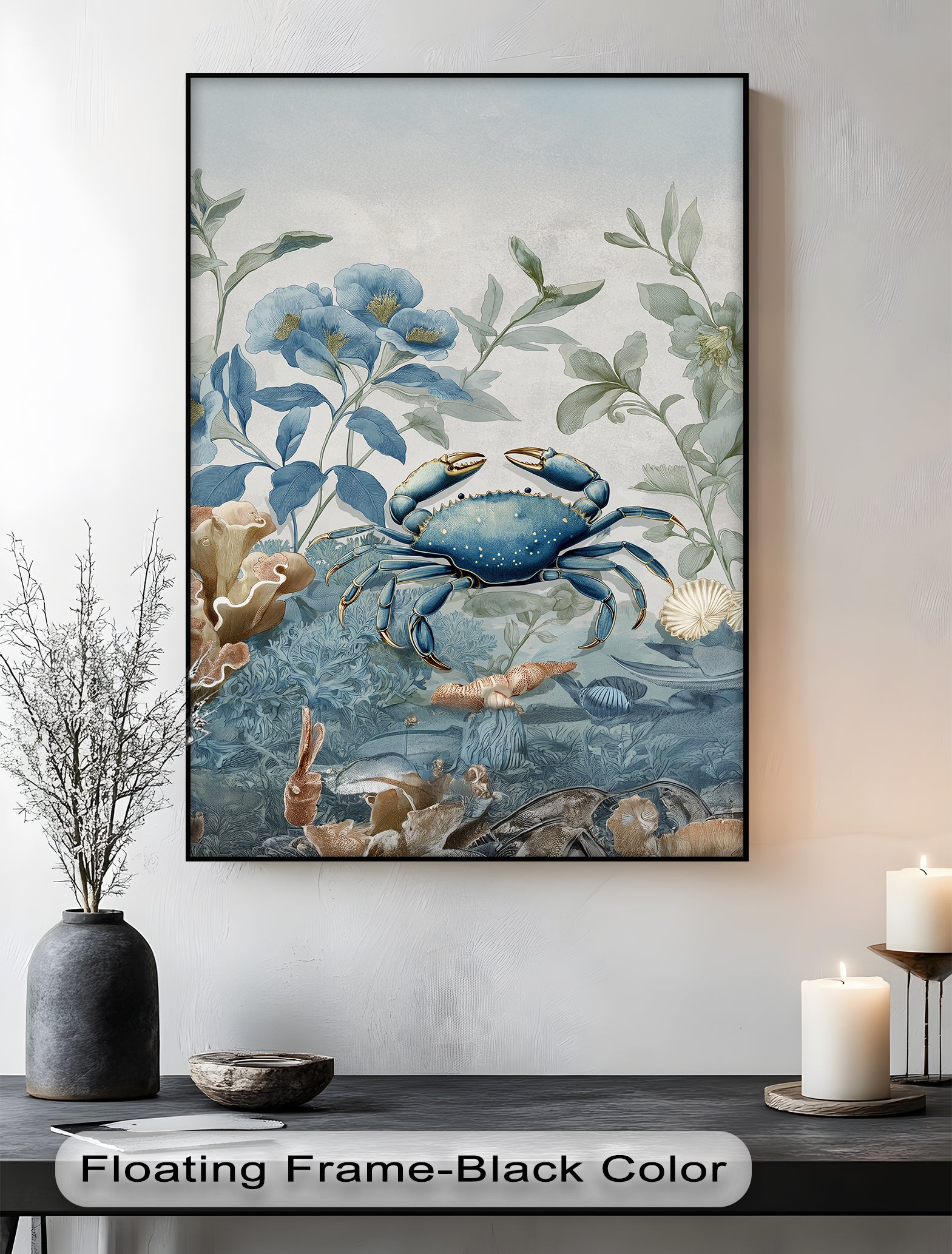 Blue Crab in Botanical Reef - Coastal Nature Canvas Print Wall Art | Beach House Decor, Ocean Themed Living Room, Coastal Bedroom Decor