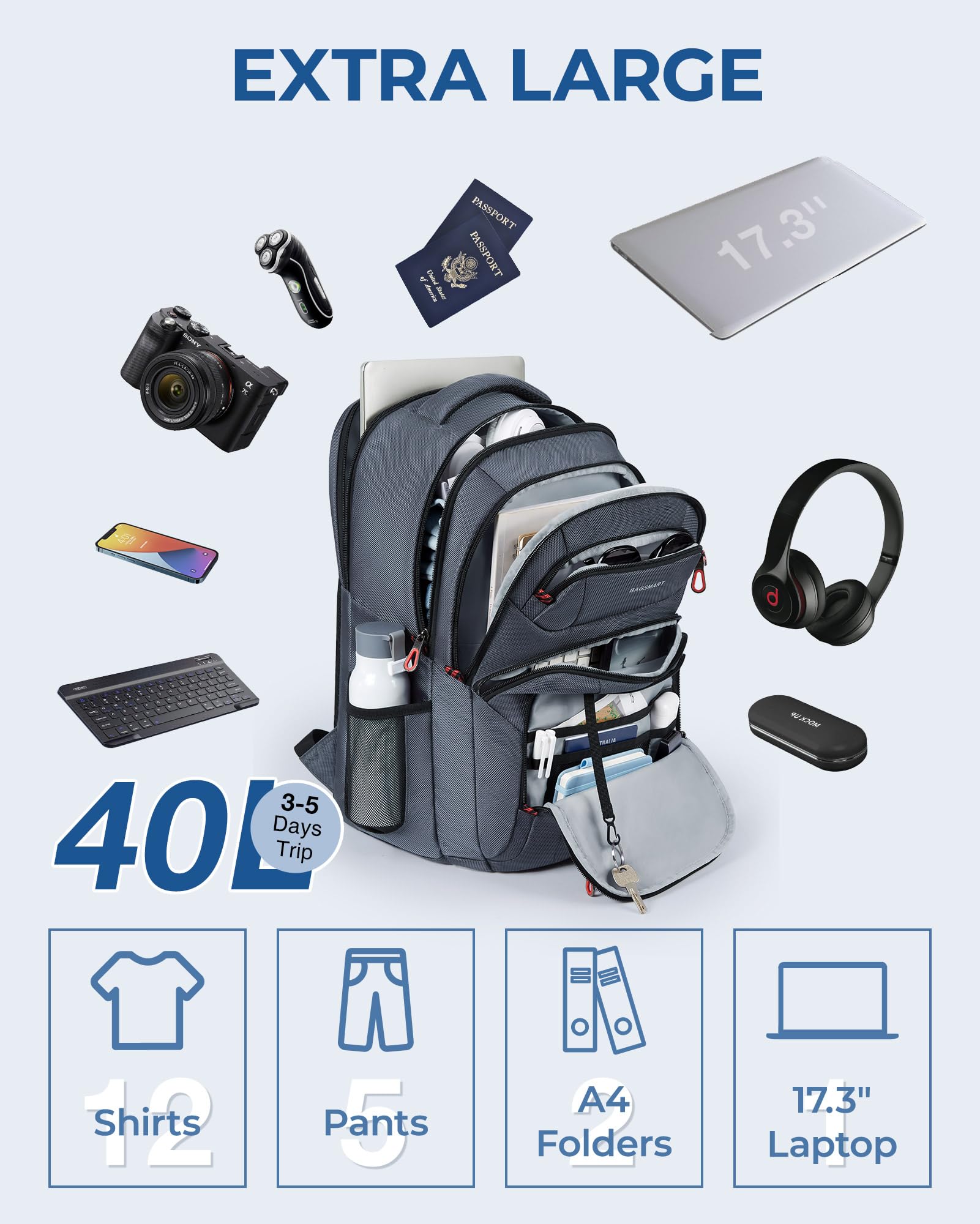 BAGSMART 17.3 Inch Large Travel Laptop Backpack for Men & Women - Waterproof Airline Approved Carry On Backpack with USB Charging Port - Perfect for Business, College, Hiking & Weekend Trips - Black