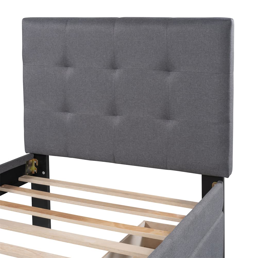Linen Upholstered Platform Bed Frame with Storage Drawers & Tufted Headboard - Solid Pine Wood Twin Size Bed for Small Spaces | Modern Bedroom Furniture for Apartments, Dorms & Guest Rooms