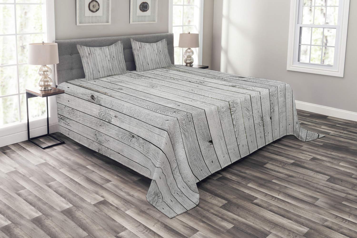 Ambesonne Grey and White Vintage Plank Bedspread Set - 3 Piece King Size Bedding with 2 Pillow Shams | Vertical Line Wooden Board Design | Perfect for Master Bedroom, Guest Room & Farmhouse Decor