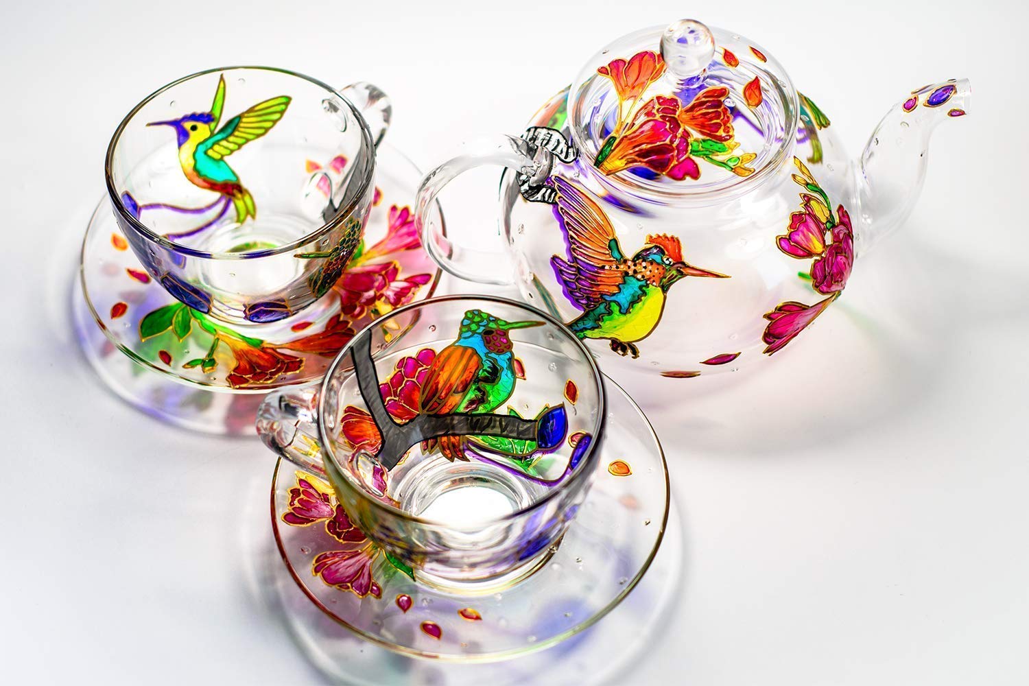 Hand-Painted Hummingbird & Floral Teapot Set with 2 Cups & Saucers - Elegant Wedding Gift for Mom, Mother's Day Present - Luxury Tea Party Accessories for Bridal Showers, Afternoon Tea & Special Occasions