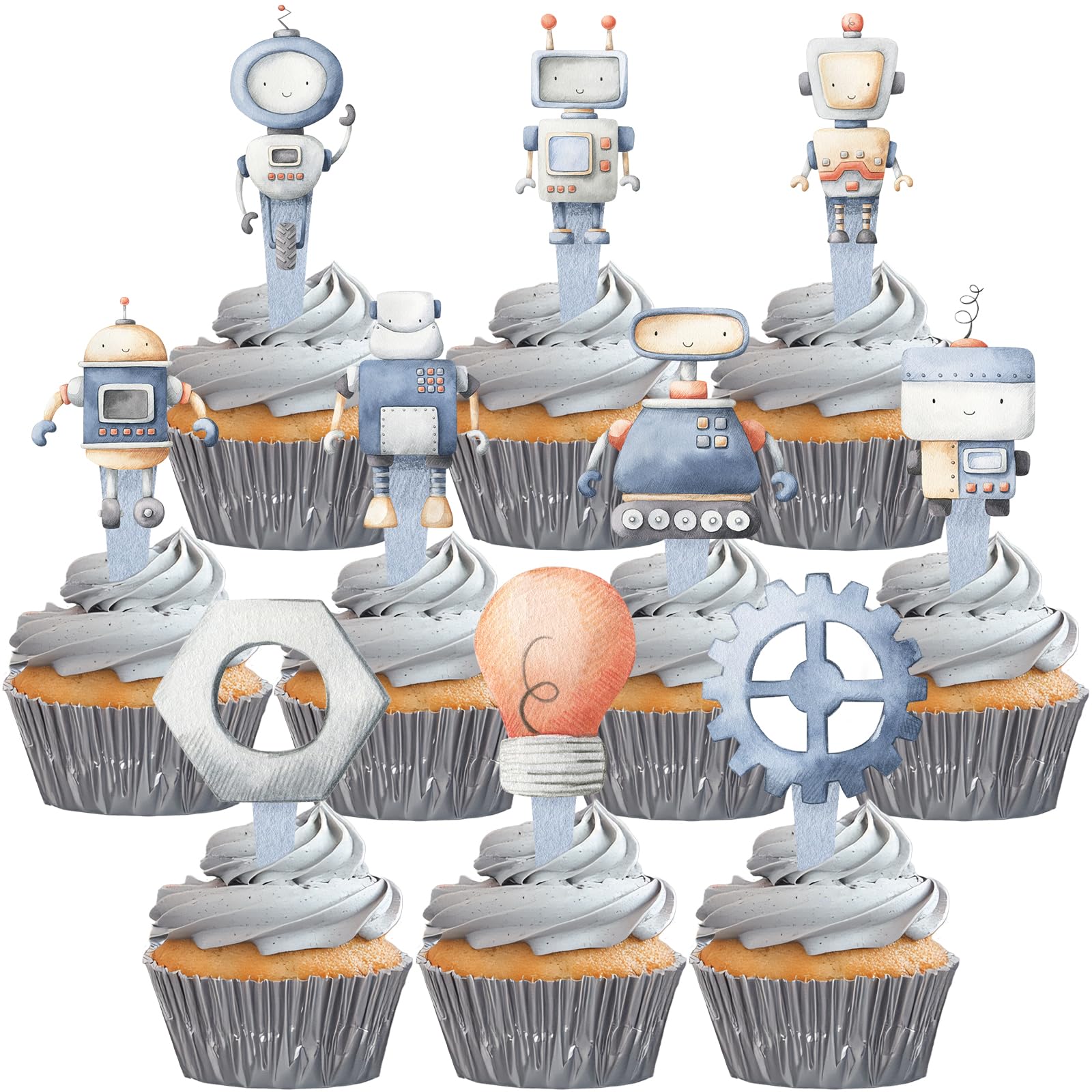 40 PCS Robot Cupcake Toppers - Fun Robot-Themed Birthday Party Decorations for Kids, Baby Showers & DIY Baking Projects