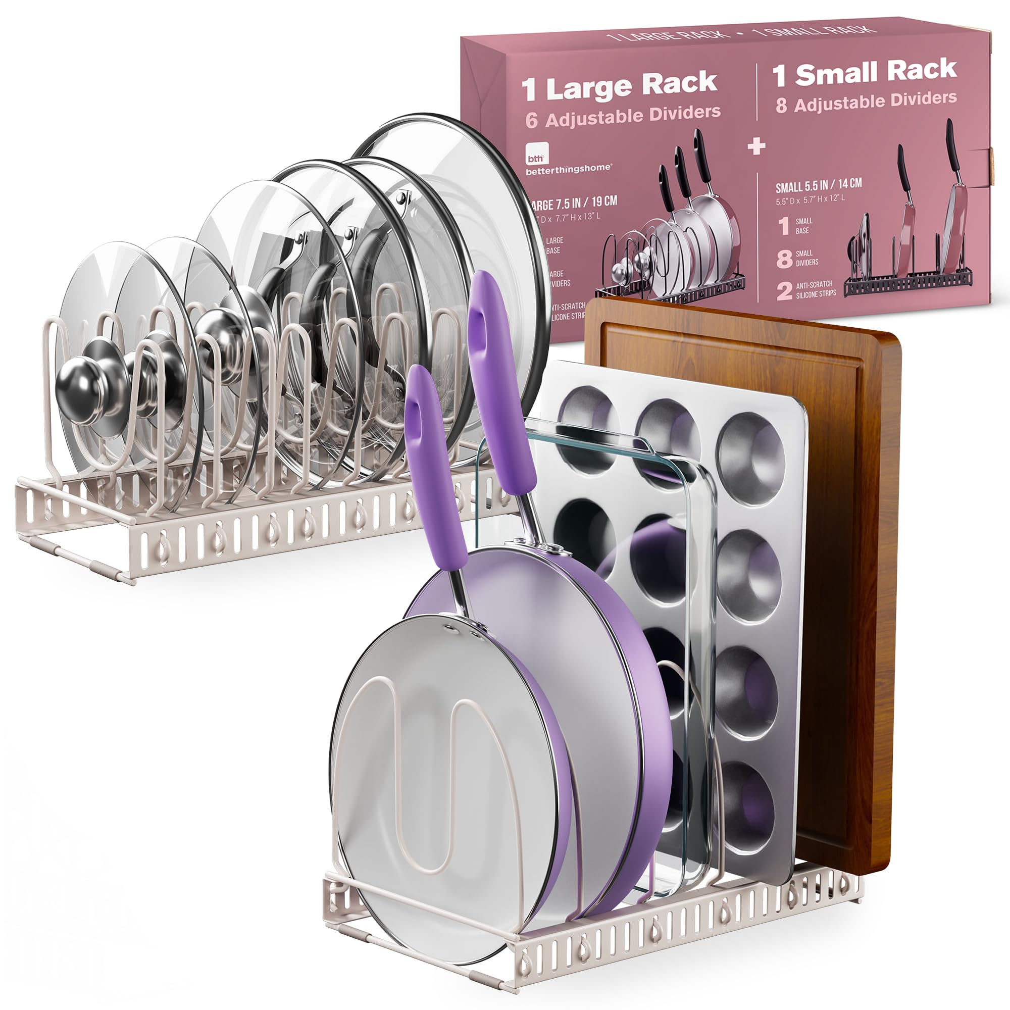 14-Compartment Dual Rack Set - Large & Small Cabinet Organizer for Pots, Pans & Lids - Space Saving Kitchen Storage Solution for Under Sink, Pantry or Drawer (Off White, DUO SET) - Perfect for Small Kitchens & Cluttered Cabinets