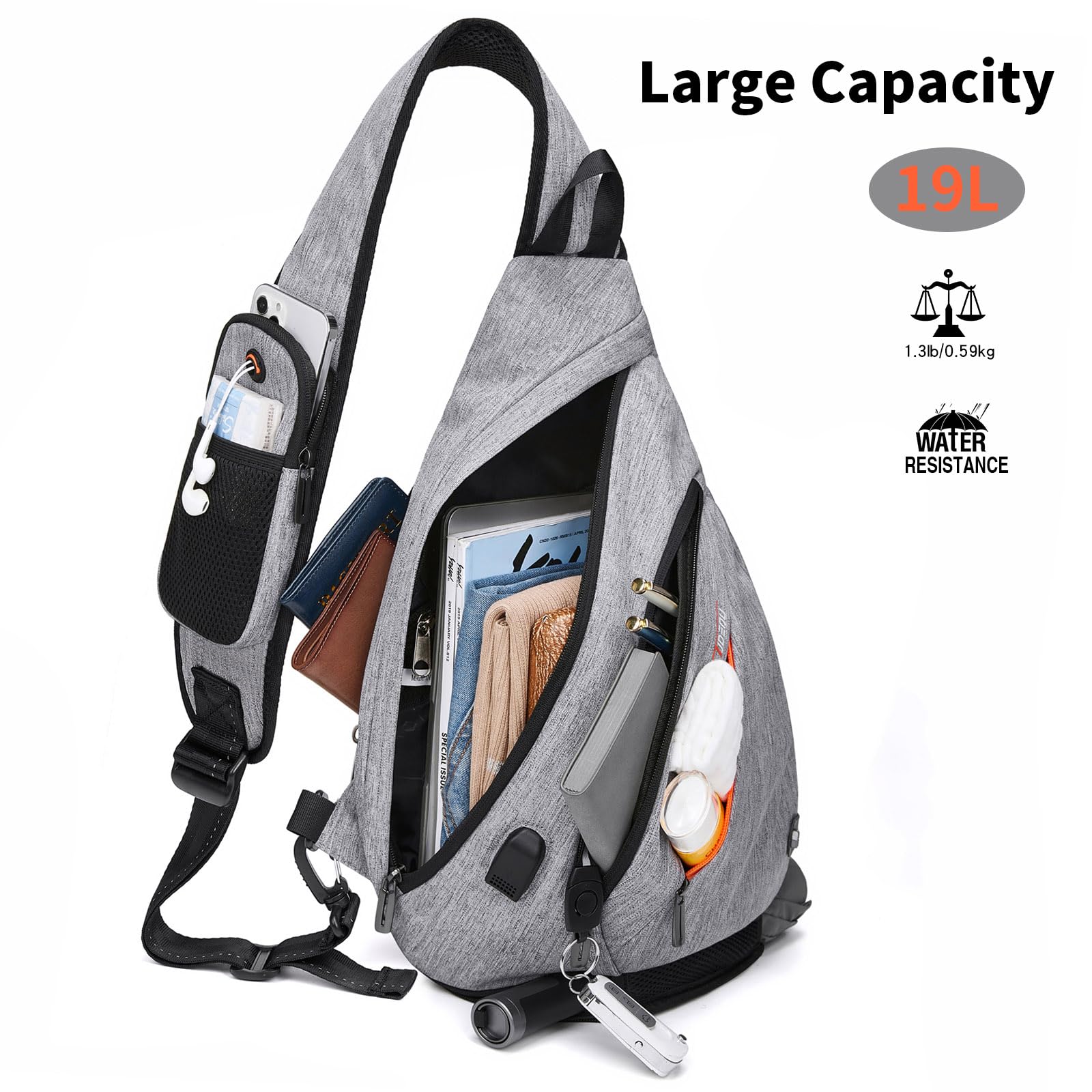TUDEQU 19L Sling Backpack for Men - 8 Pockets Crossbody Bag, Durable Travel & Hiking Backpack for Outdoor Adventures, Gym, Commuting & Daily Use