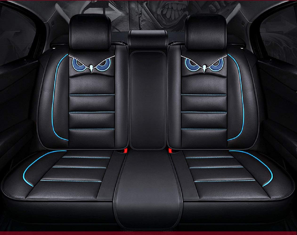 Premium OWL PU Leather Car Seat Covers Full Set - Waterproof 5-Seat Protection for Cars & SUVs (Black-Blue) | Includes 2 Lumbar Pillows, 2 Headrest Covers & Steering Wheel Cover | Perfect for Family Road Trips, Daily Commutes & Pet Protection