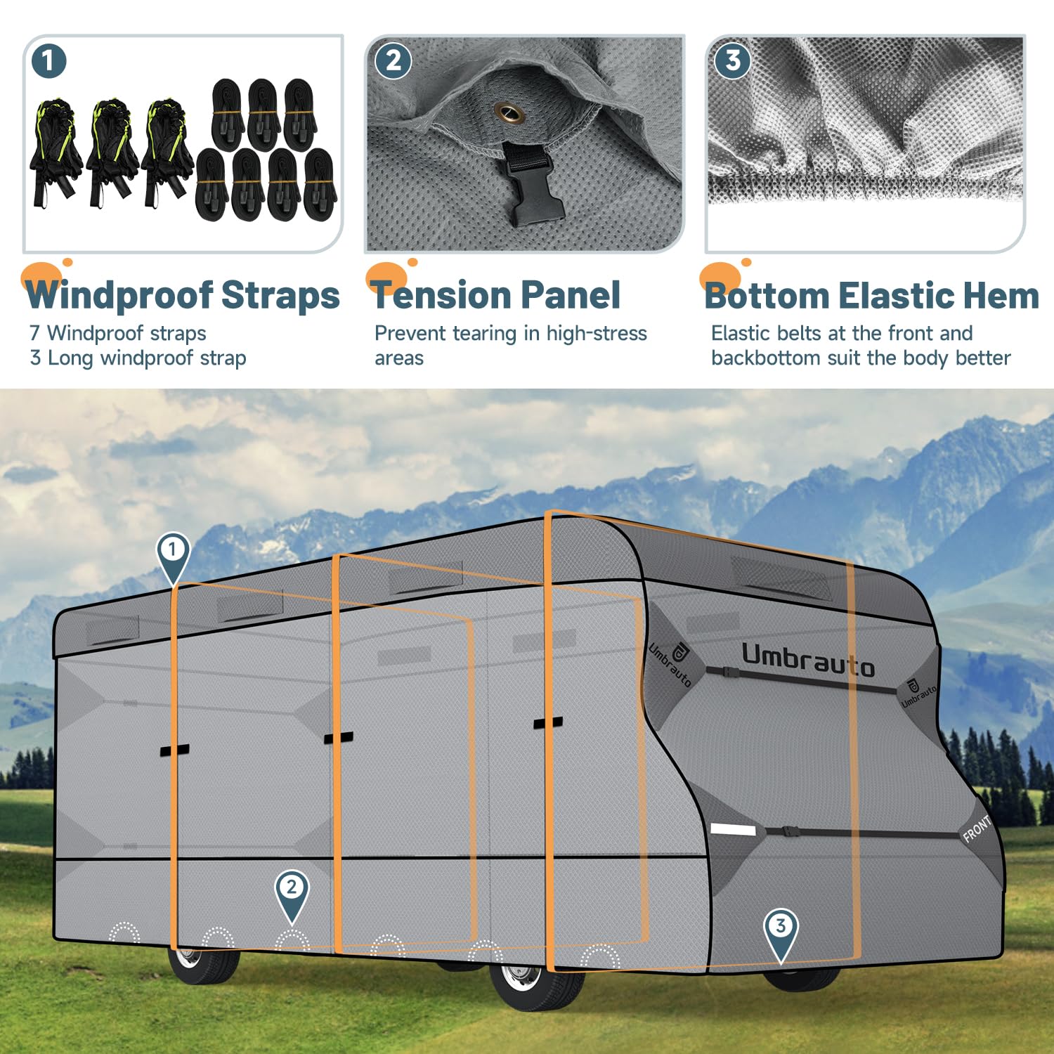 Umbrauto RV Cover Class C - Heavy Duty 7-Layer Waterproof & UV-Resistant Motorhome Cover for 26'-29' RVs | Includes 3 Extra Straps, Repair Patches & 6 Gutter Covers | Perfect for Winter Storage & Outdoor Protection