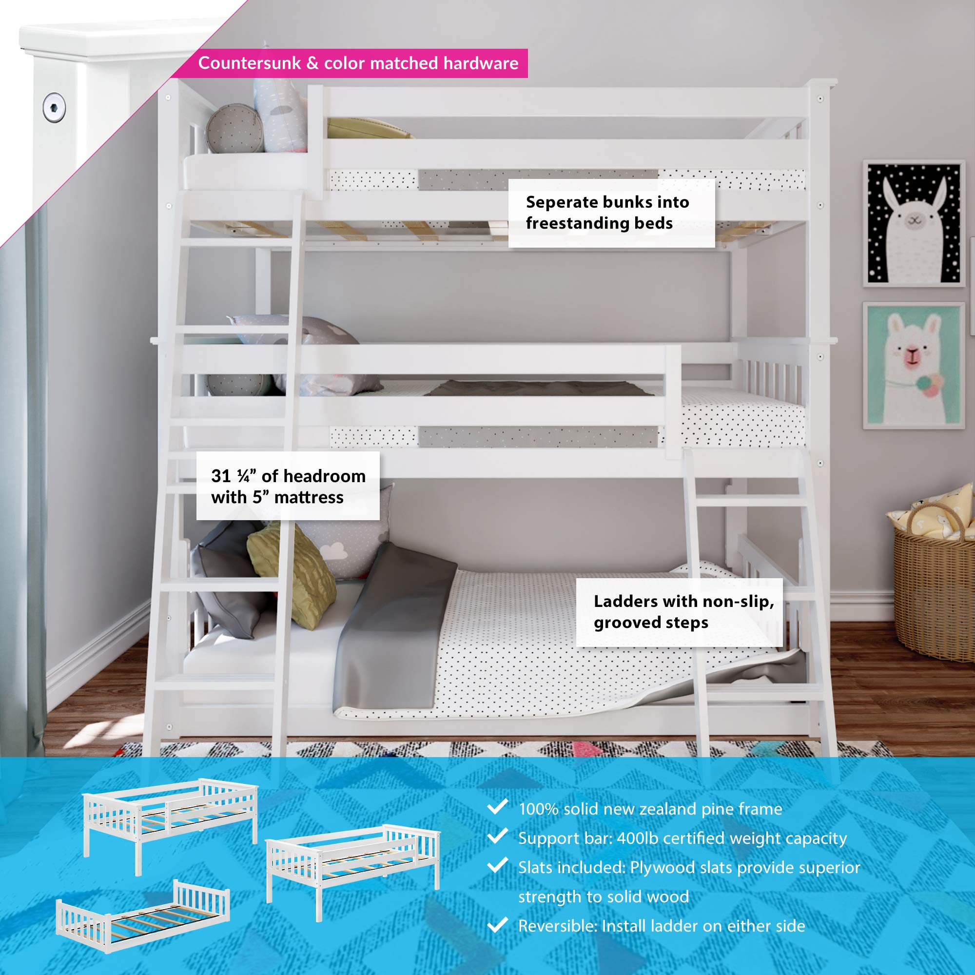 Max & Lily Solid Wood Triple Twin Bunk Bed for Kids - No Box Spring Needed, Easy Assembly, White - Perfect for Shared Kids' Rooms, Sleepovers & Space-Saving Bedroom Solutions