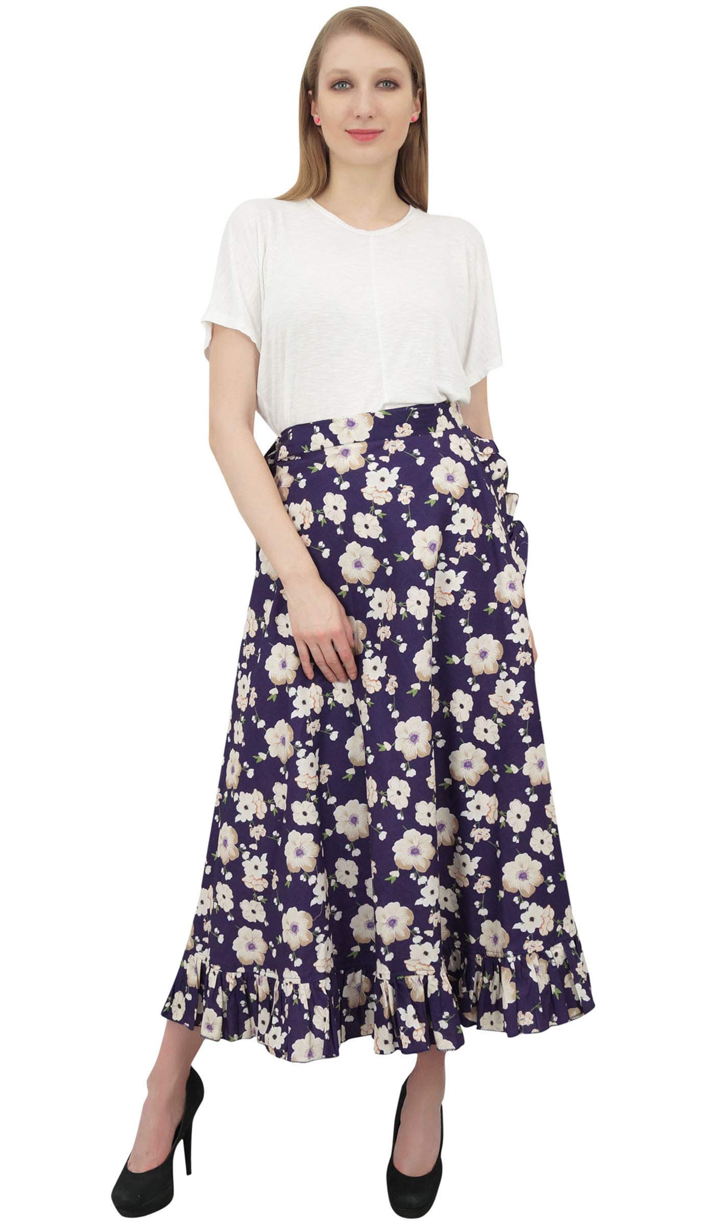 Women's Plus Size Printed Single Layer Cotton Magic Wrap Skirt - Flowy Ruffled Wrap Skirt for Casual Wear, Beach Cover Up & Summer Outfits