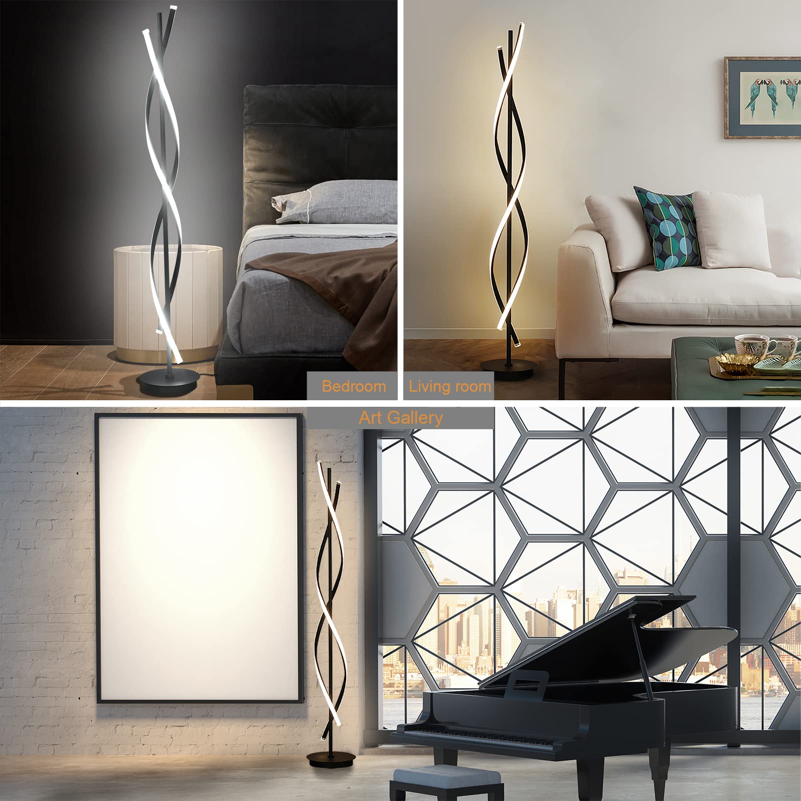 61-Inch Tall 60W DNA Spiral LED Floor Lamp - Modern Nordic Style Standing Light with Remote Control (3 Color Temperatures, Black) | Perfect for Living Room, Bedroom & Office Lighting Decor