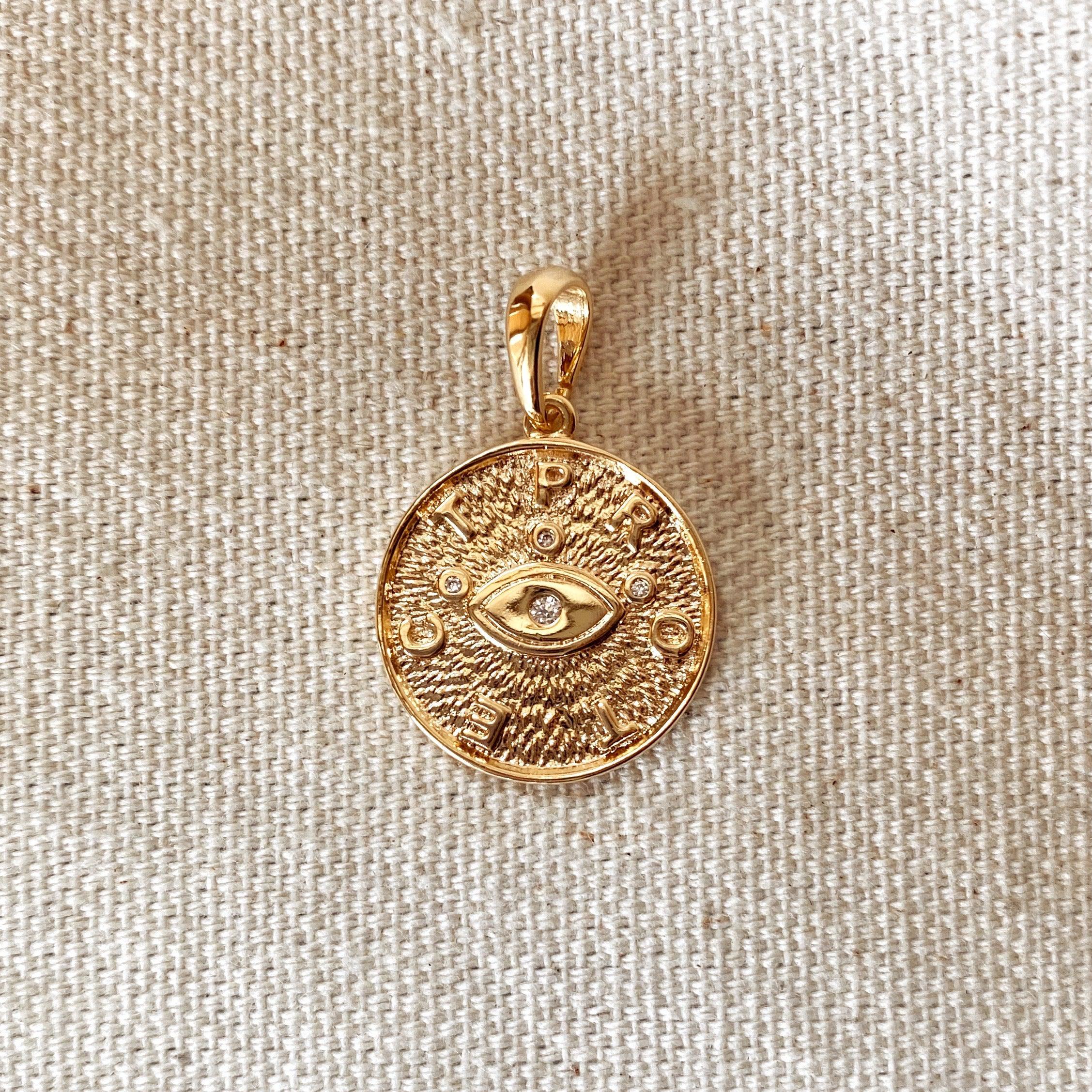 18K Gold Filled Evil Eye Protection Pendant Necklace with Textured Background & 