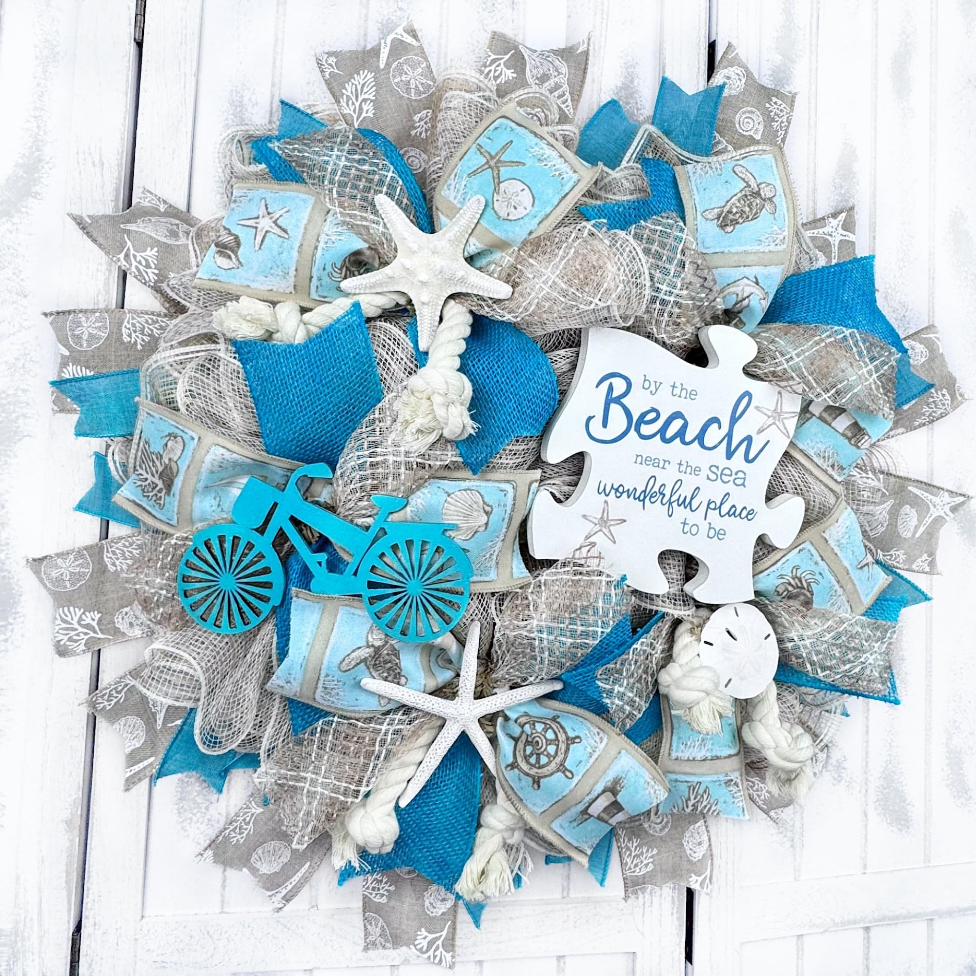 Handmade Coastal Beach Wreath with White Sand Deco Mesh, Starfish, Sand Dollar & Seashells - Perfect for Ocean-Themed Home Decor, Front Door Welcome or Beach House Wall Art