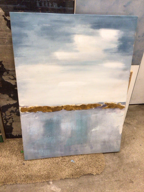 29.5x39.25 Inch Light Blue & Gold Textured Abstract Canvas Wall Art - Modern Home Decor for Living Room, Bedroom & Office