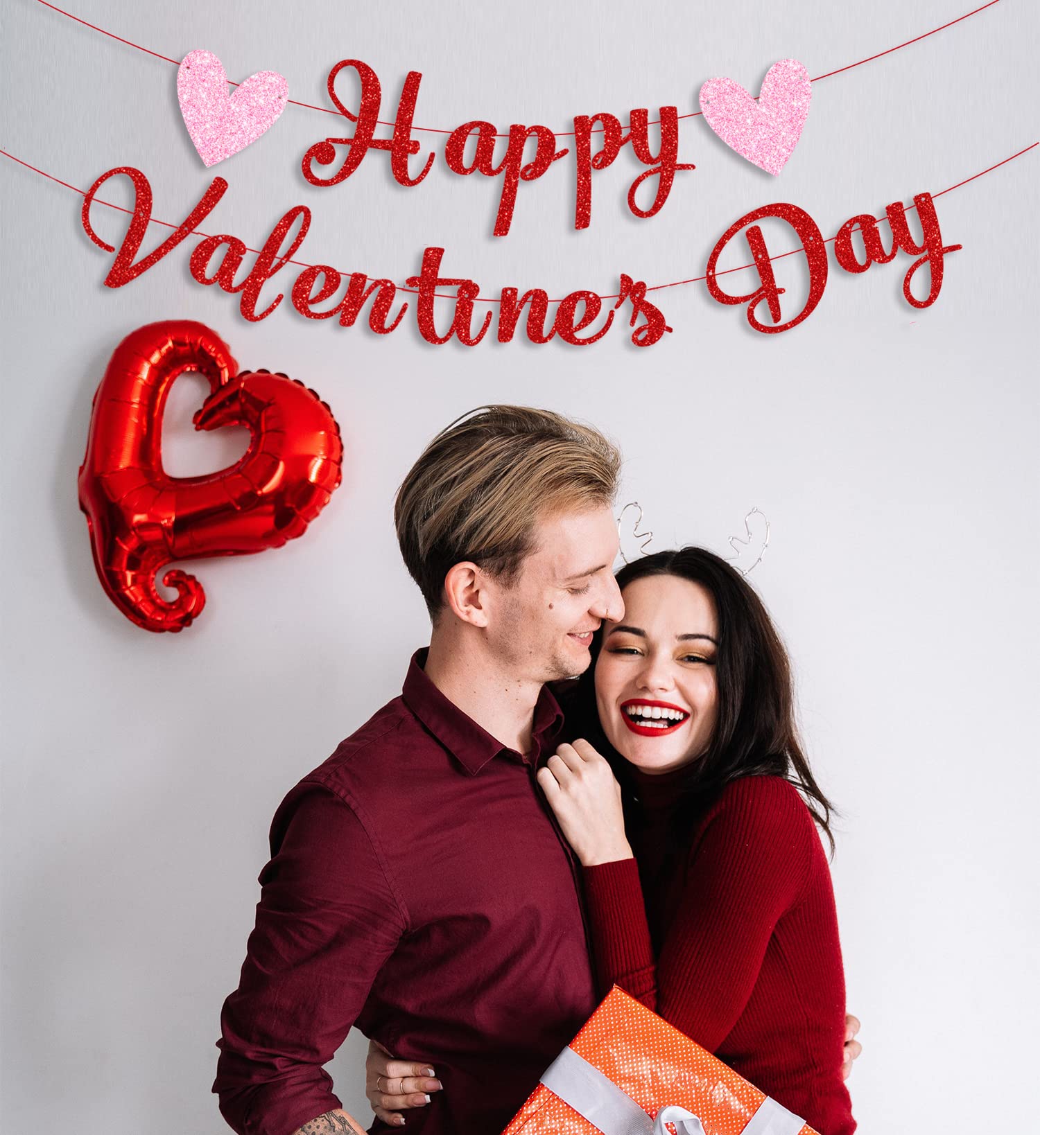 CAVLA Red Glitter Valentine's Day Banner & Pink Heart Garland - Romantic Party Decor for Valentine's Wedding, Anniversary, Engagement | Perfect for Home, Office & Event Decorations