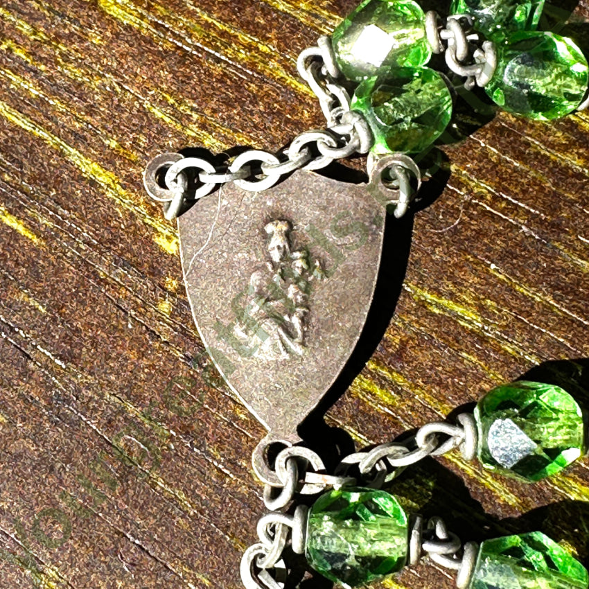 Vintage Sterling Silver & Green Glass Bead Rosary Necklace - Handmade Catholic Prayer Beads for Religious Devotion & Spiritual Gifts