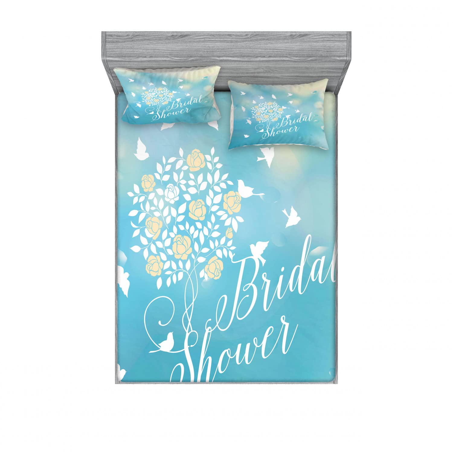 Ambesonne 2-Piece Queen Fitted Sheet & 4-Piece Pillow Sham Set - Blue Sky Floral Pattern Bedding Collection (Sky Blue, Cream & White) for Master Bedroom, Guest Room or Vacation Home Decor