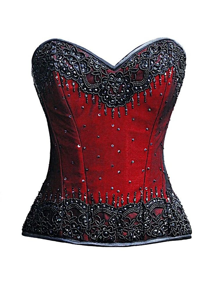 Red Satin Black Sequins Burlesque Waist Cincher Bustier Overbust Corset - Sexy Vintage Costume for Burlesque Shows, Halloween & Lingerie Fashion