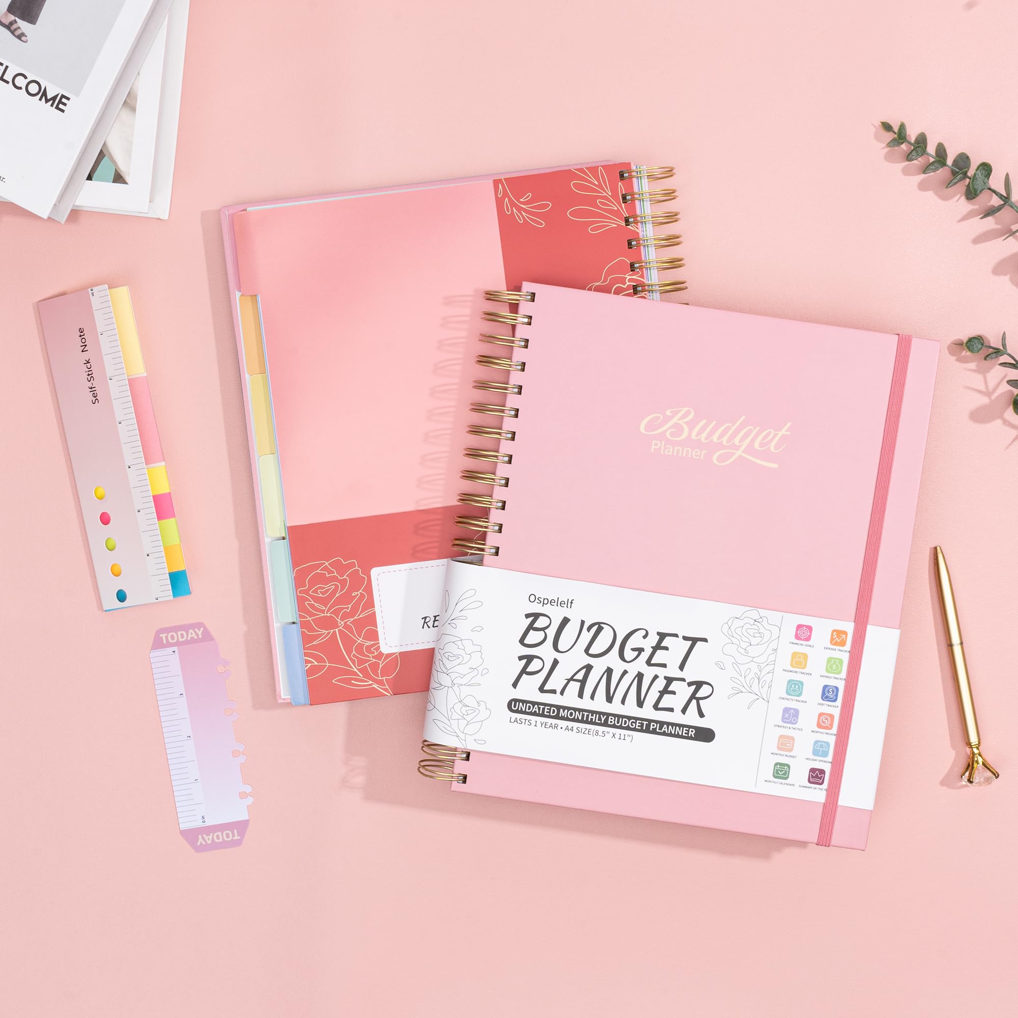 Ospelelf 2025 Budget Planner - Spiral Monthly Bill Organizer with Stickers, 8.5 x 11 Financial Planner & Expense Tracker, Undated Budget Book with 12 Pockets & Zipper Pouch (Pink) - Perfect for Personal Finance Management, Bill Tracking, and Money Saving Goals