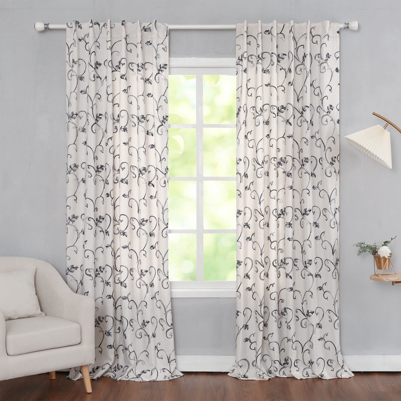 VOGOL Grey Vines Embroidered Blackout Curtains for Bedroom & Living Room - 52x84 Inches, Rod Pocket & Back Tab Window Drapes, Set of 2 - Perfect for Light Control & Home Decor