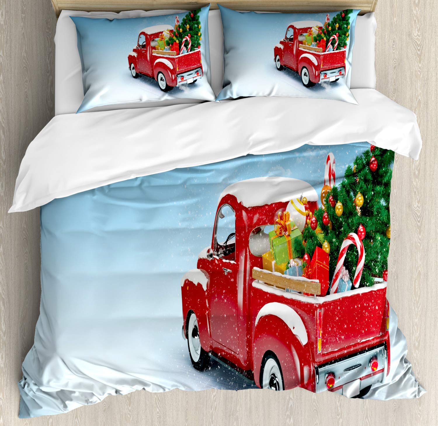 Ambesonne Christmas Duvet Cover Set 3-Piece - Vintage Pickup Truck with Tree & Holiday Ornaments Snowy Winter Scene - California King Size Red & Green Bedding with 2 Pillow Shams - Perfect for Holiday Decor & Cozy Winter Bedroom