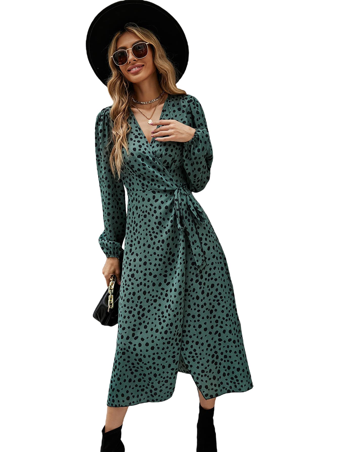 MakeMeChic Women's Dalmatian Print Puff Sleeve Wrap Dress - Elegant A-Line Long Dress with Tie Side Detail for Party, Wedding & Special Occasions